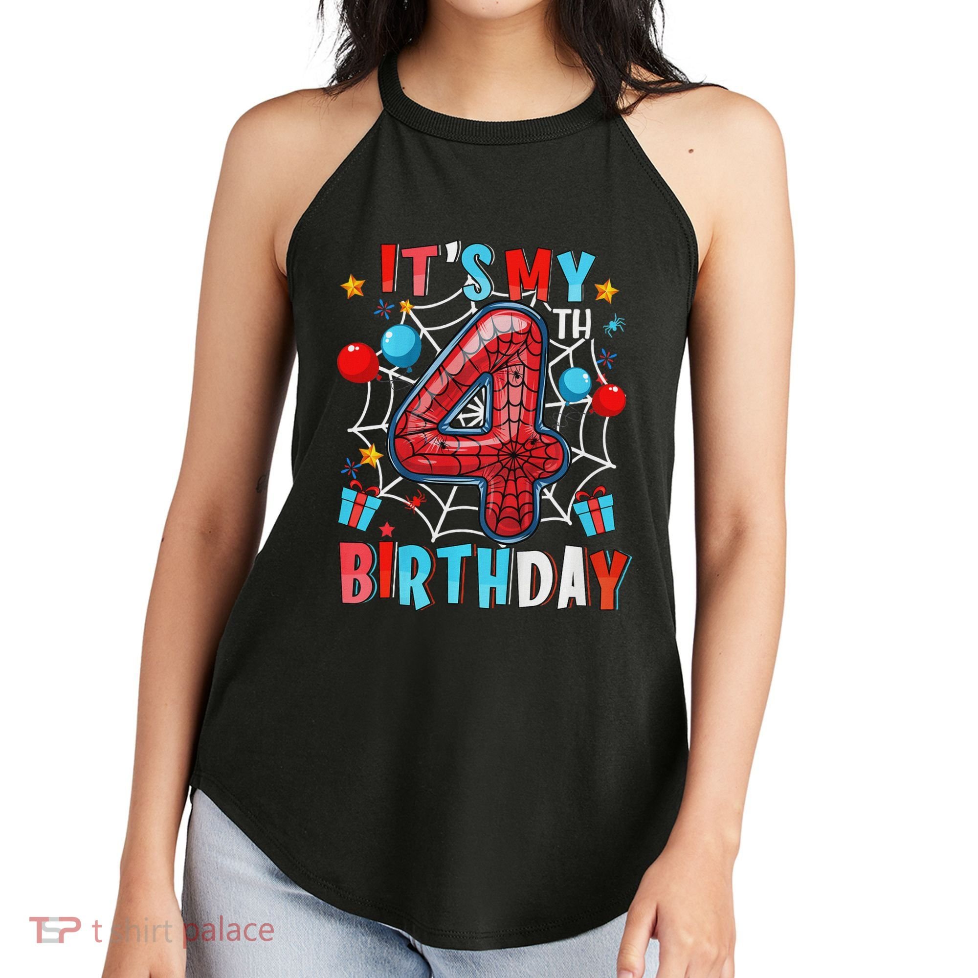 It's My 4th Birthday Spider Web Theme Party 4 Years Old Women's Perfect Tri Rocker Tank