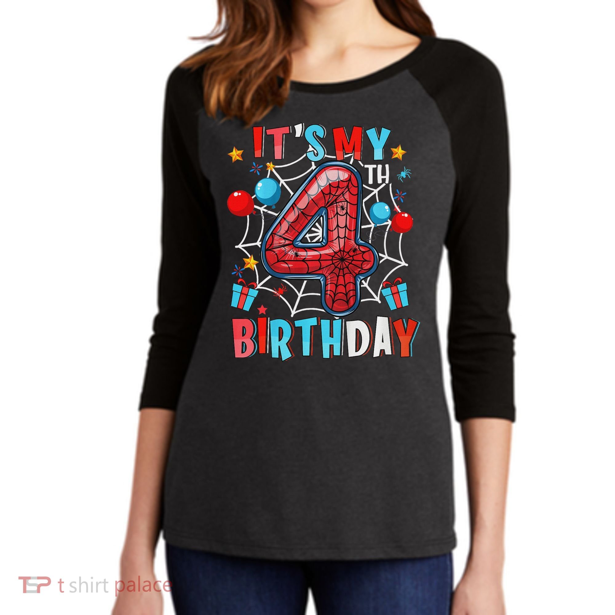 It's My 4th Birthday Spider Web Theme Party 4 Years Old Women's Tri-Blend 3/4-Sleeve Raglan Shirt