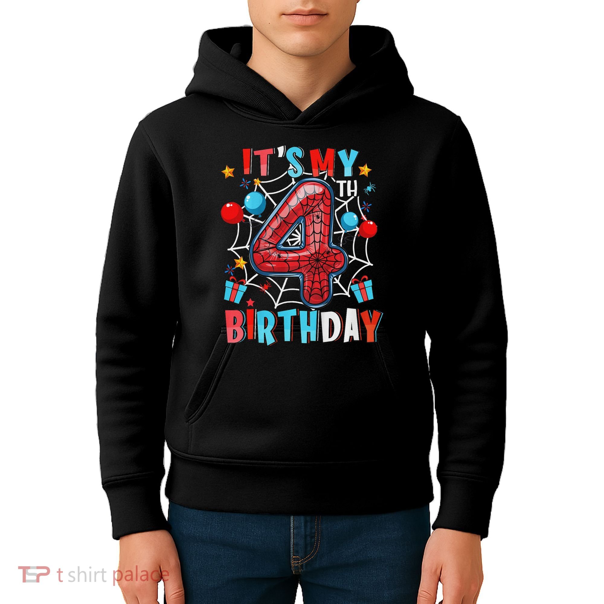 It's My 4th Birthday Spider Web Theme Party 4 Years Old Kids Hoodie