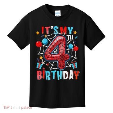 It's My 4th Birthday Spider Web Theme Party 4 Years Old Kids T-Shirt