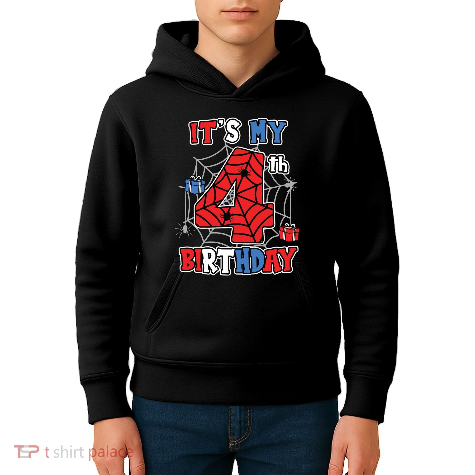 Its My 4th Birthday Spider Theme Party 4 Year Old Boy 3020 Kids Hoodie