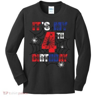 Its My 4th Birthday Spider Theme Party 4 Year Old Boy Kids Long Sleeve Shirt