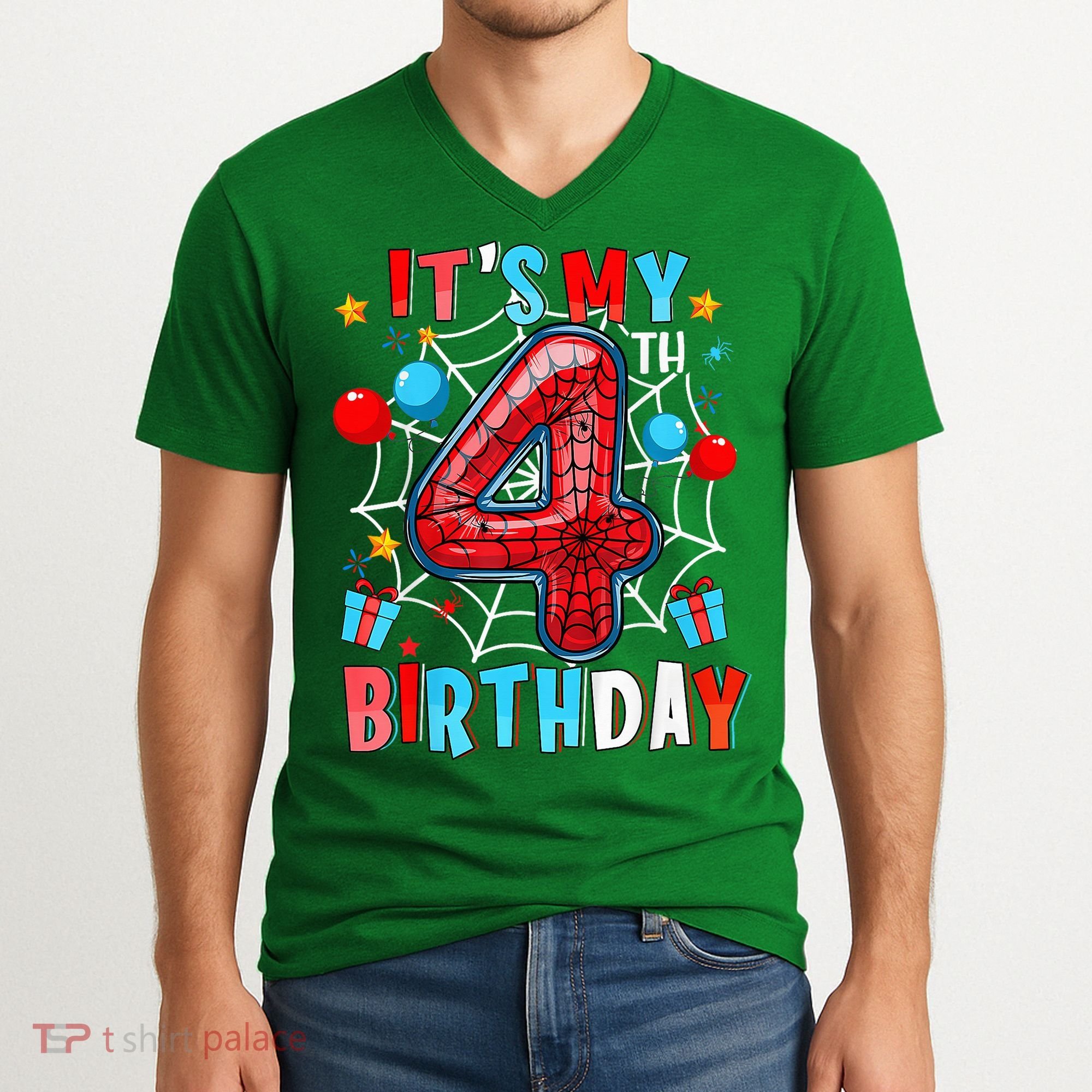 It'S My 4th Birthday Spider Theme Party Boy Birthday Present V-Neck T-Shirt