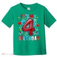 It'S My 4th Birthday Spider Theme Party Boy Birthday Present Toddler T-Shirt thumb 0