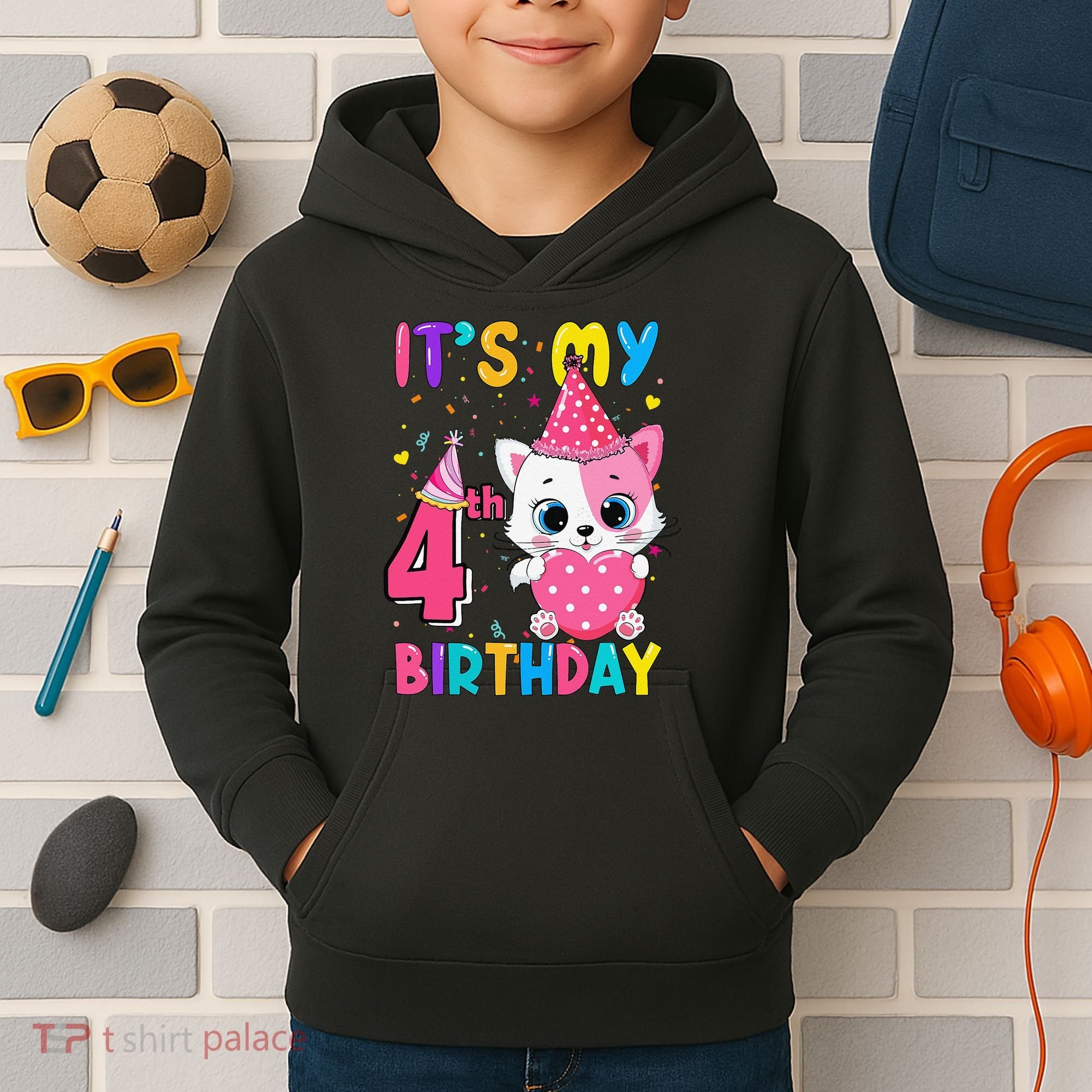 Its My 4th Birthday Funny Cat Birthday 4 Year Old Kids Hoodie