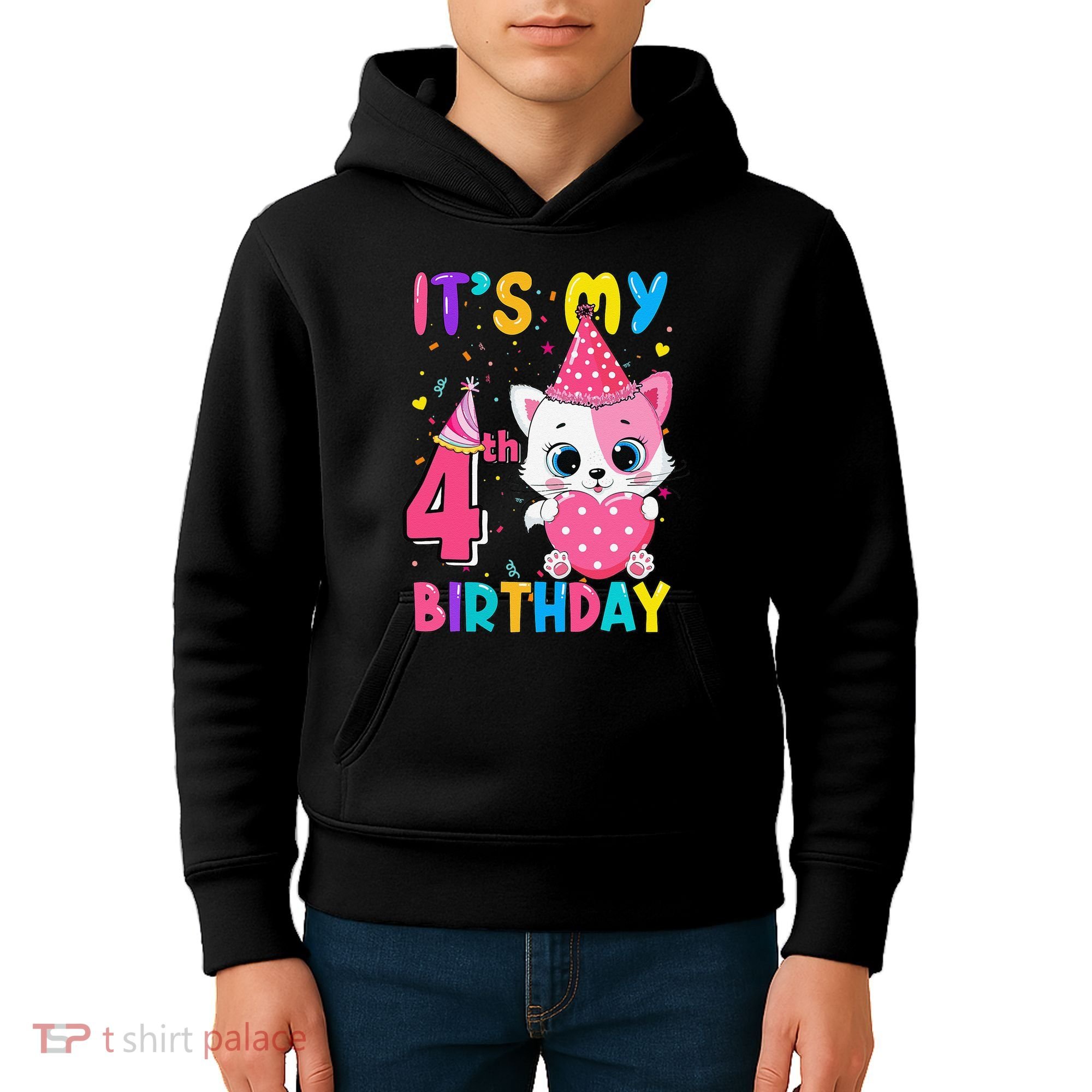 Its My 4th Birthday Funny Cat Birthday 4 Year Old Kids Hoodie