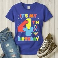Its My 4th Birthday Kids Autism 4 Years Old Women's T-Shirt thumb 3
