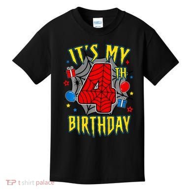 Its My 4th Birthday Spider Theme Party Turning 4yr Kids T-Shirt