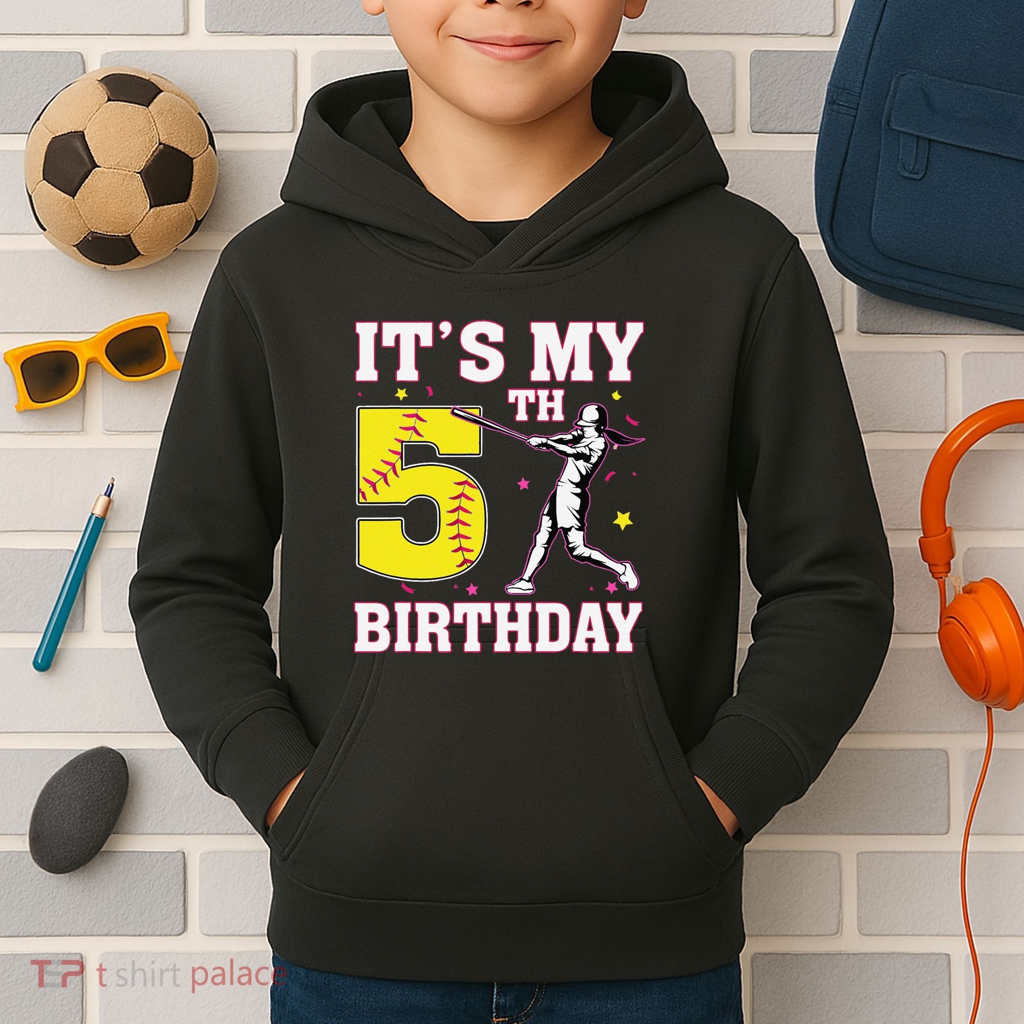 ItS My 5th Birthday Softball Player Girl 5 Years Old Kids Hoodie
