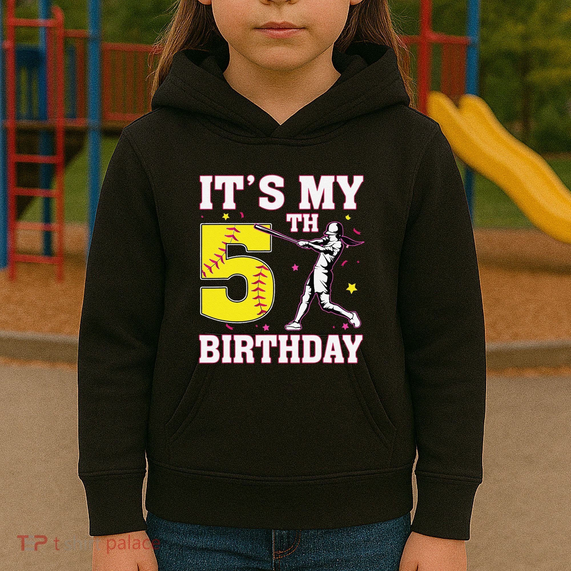 ItS My 5th Birthday Softball Player Girl 5 Years Old Kids Hoodie