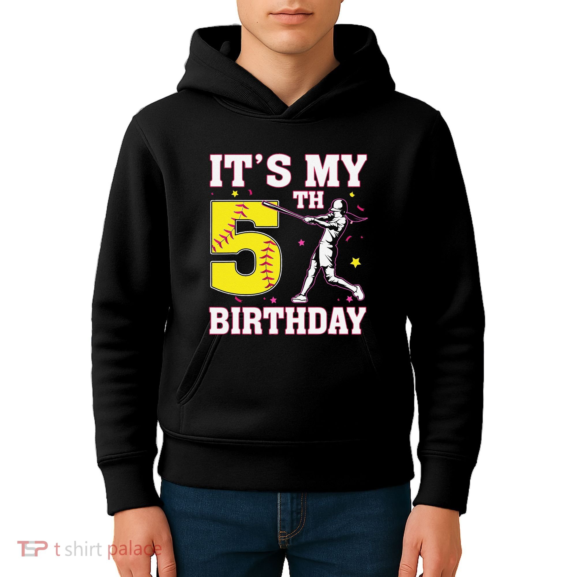 ItS My 5th Birthday Softball Player Girl 5 Years Old Kids Hoodie