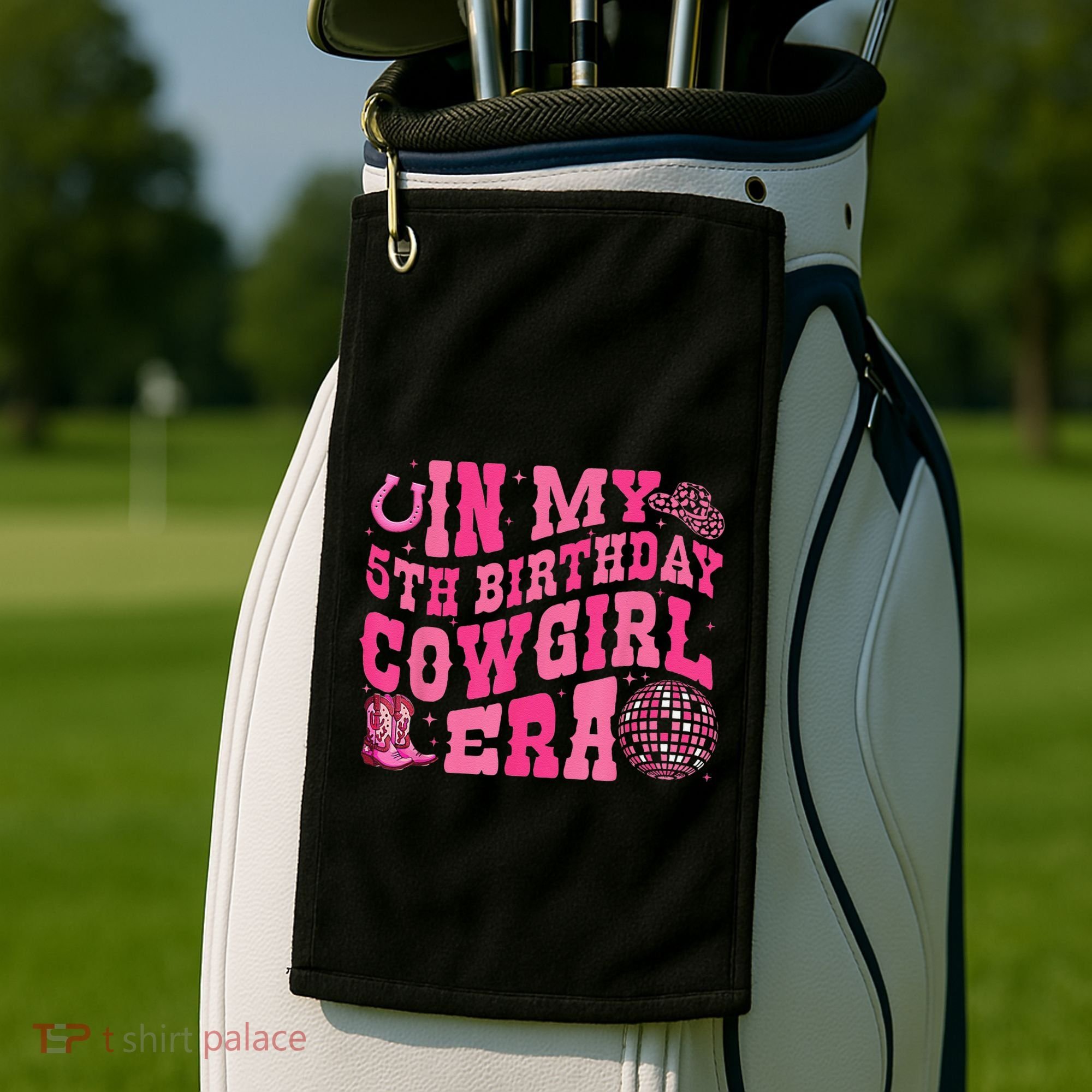 In My 5 Year Old Cow Era 5th Birthday Rodeo Cow Golf Towel