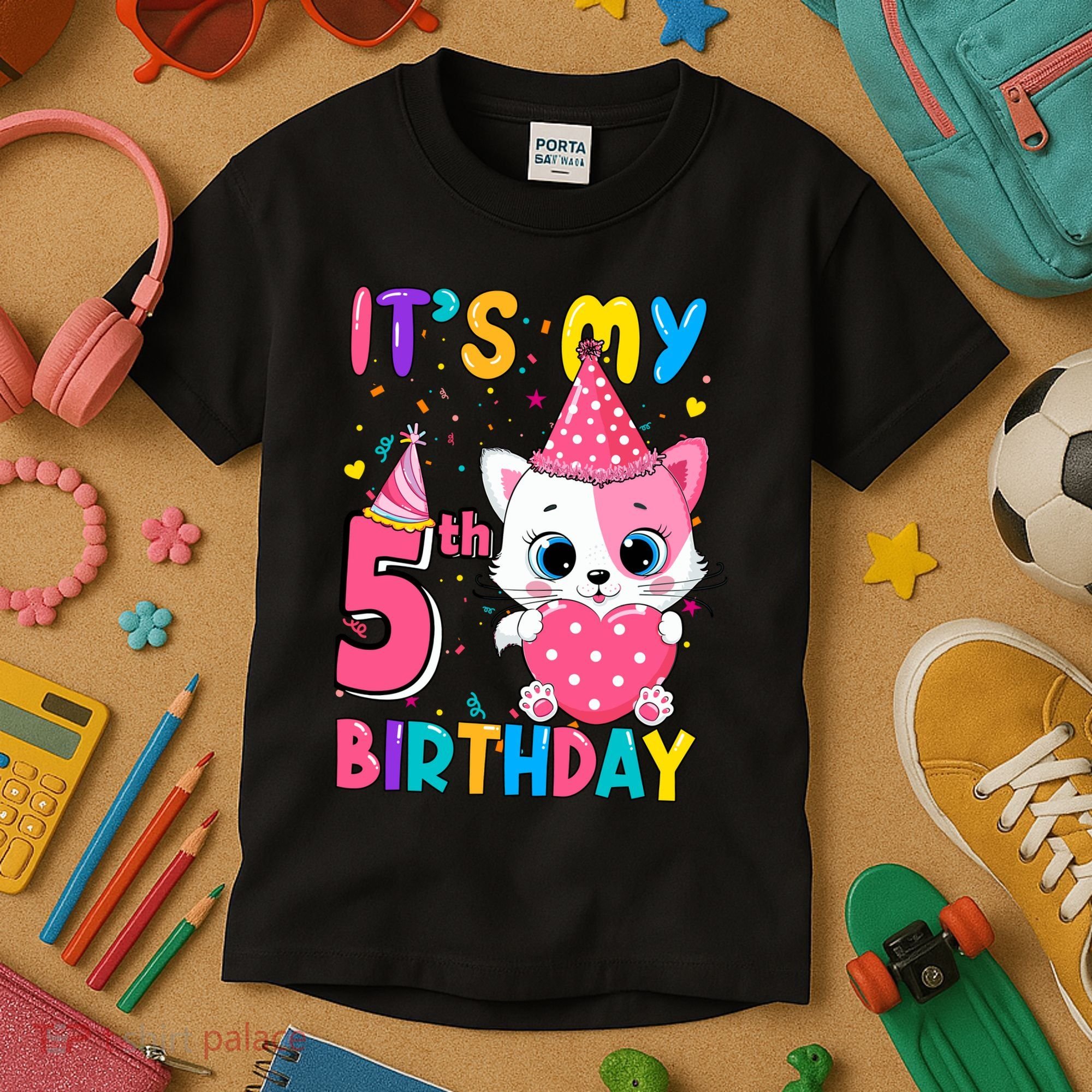 ItS My 5th Birthday Girl Funny Cat Birthday 5 Year Old Kids T-Shirt