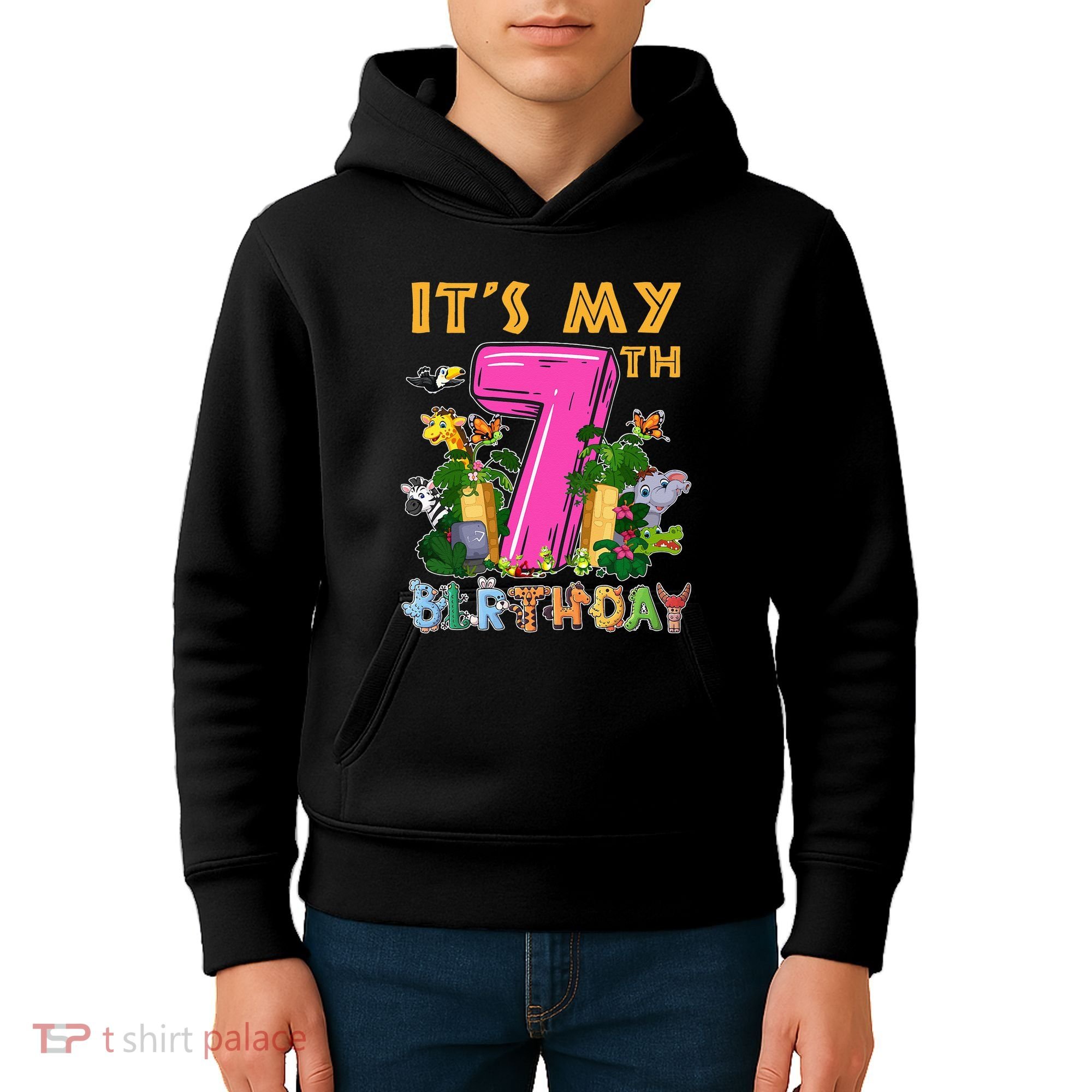 It's My 7th Birthday Safari Jungle Zoo Birthday 7 Year Old Kids Hoodie
