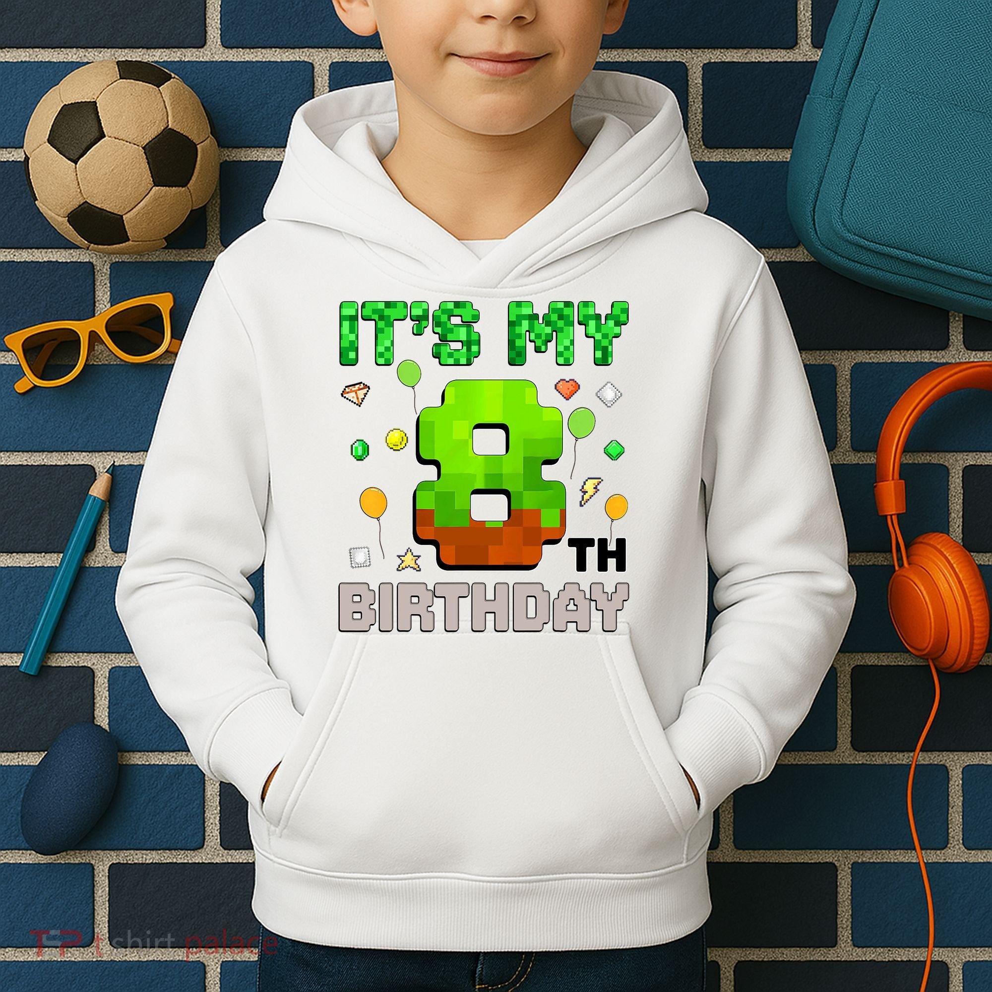 It's My 8th Birthday Boy Gaming Pixel Gamer Party  Kids Hoodie