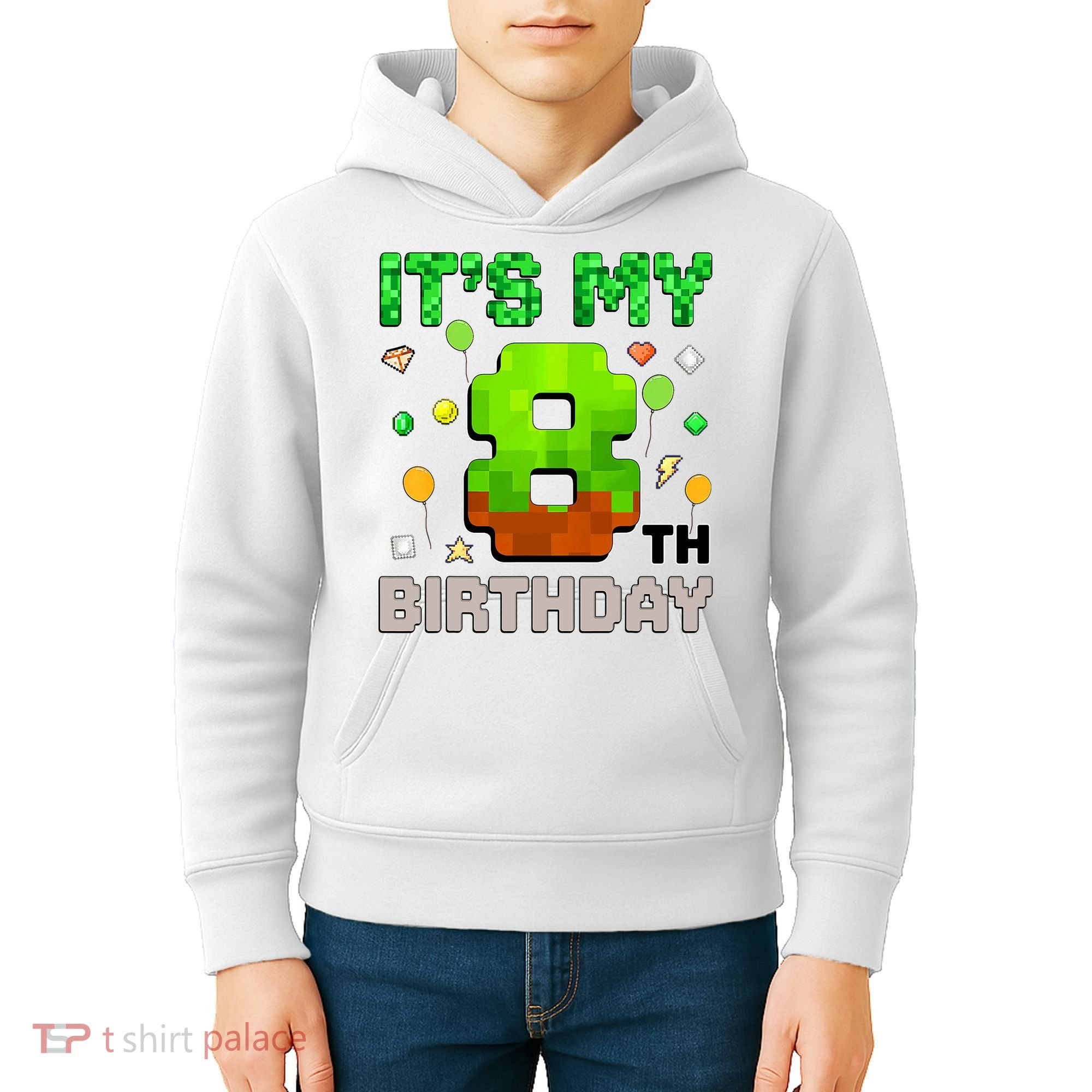  It's My 8th Birthday Boy Gaming Pixel Gamer Party  Kids Hoodie
