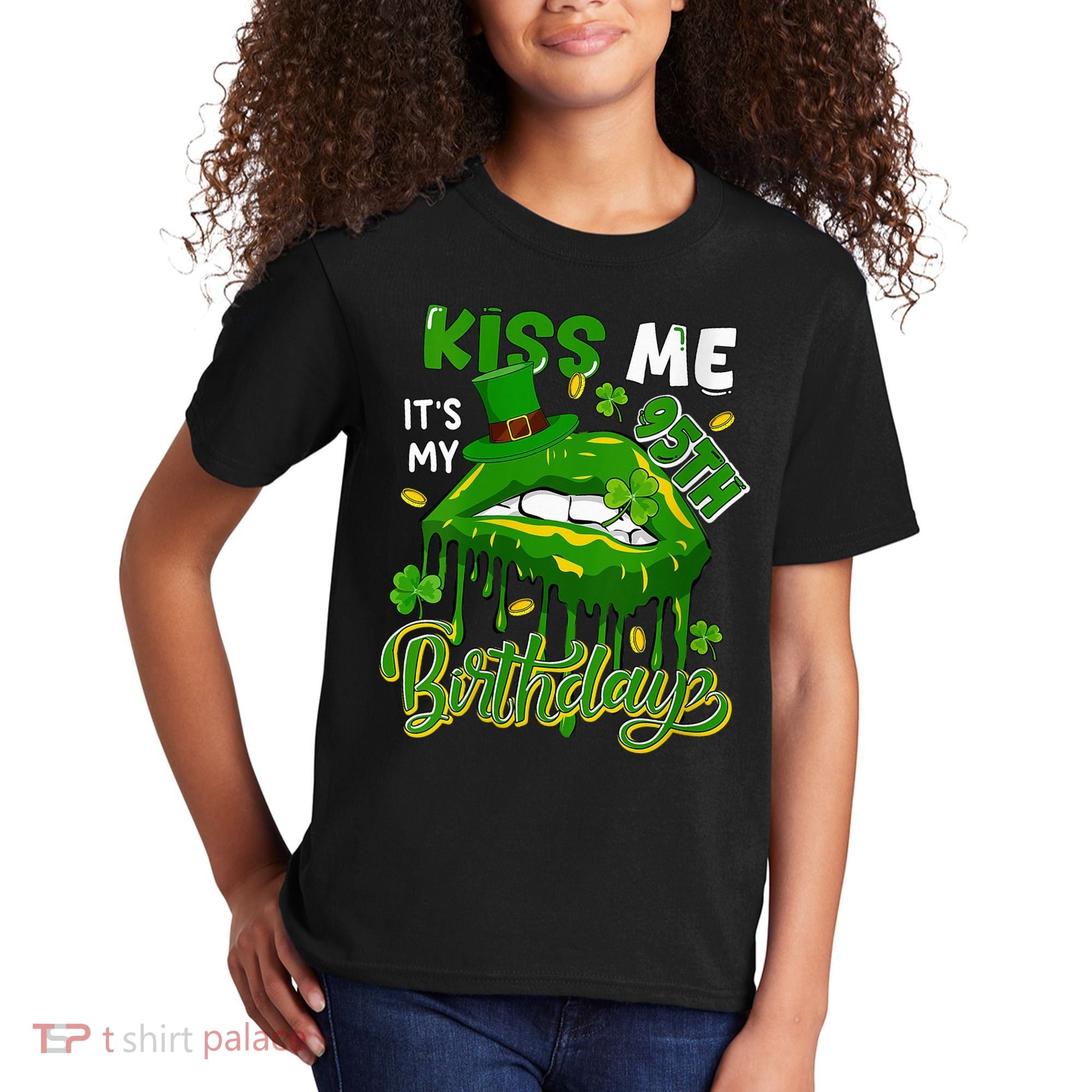 It'S My 95th Birthday St. Patrick'S Day Shamrocks Cute Lips Kids T-Shirt