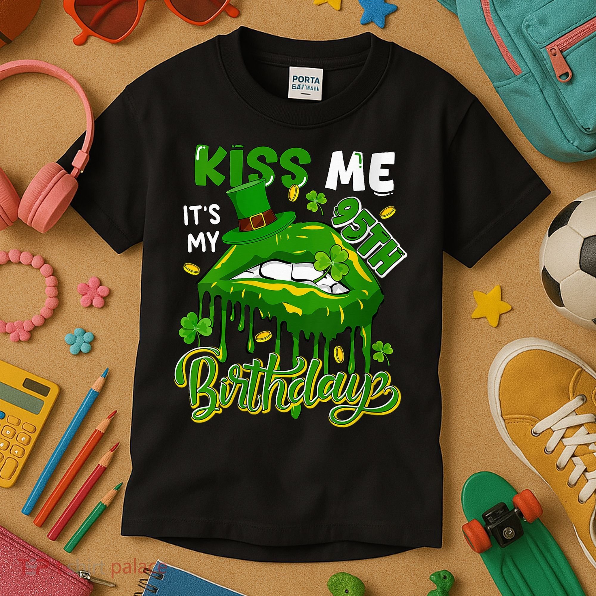 It'S My 95th Birthday St. Patrick'S Day Shamrocks Cute Lips Kids T-Shirt