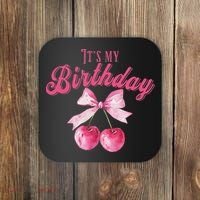 Its My Birthday Girl Coquette Cherry Bow Girly Bday Coaster thumb 0