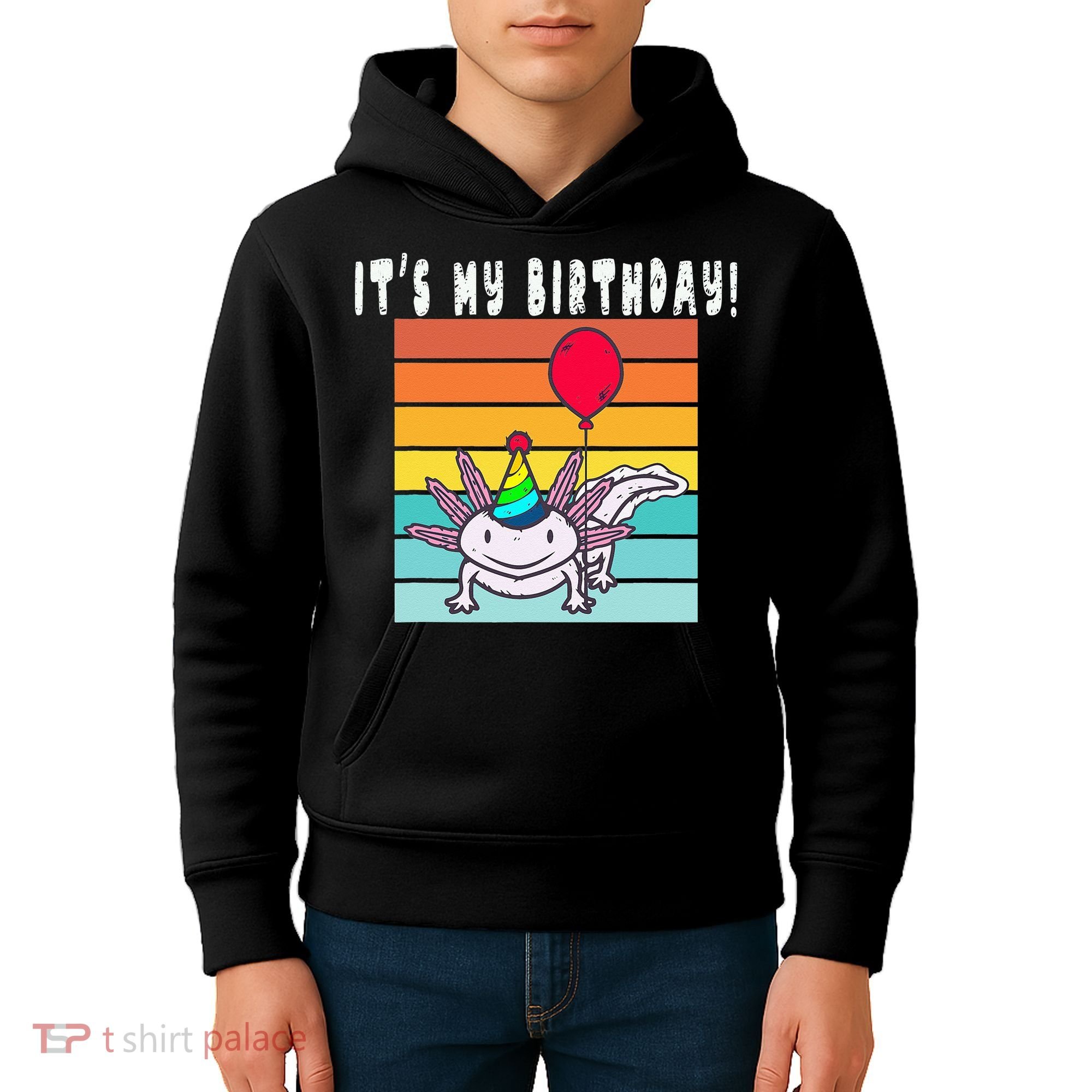 Its My Birthday Axolotl Party Hat & Balloon Kids Hoodie