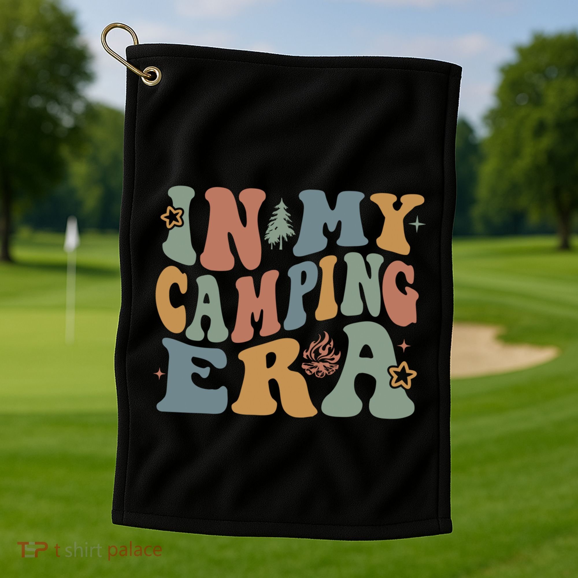 In My Camping Era Retro Wavy Groovy Style For Camper Gift Golf Towel