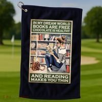 In My Dream World Books Are Free Chocolate Is Healthy And Reading Makes You Thin Golf Towel thumb 1