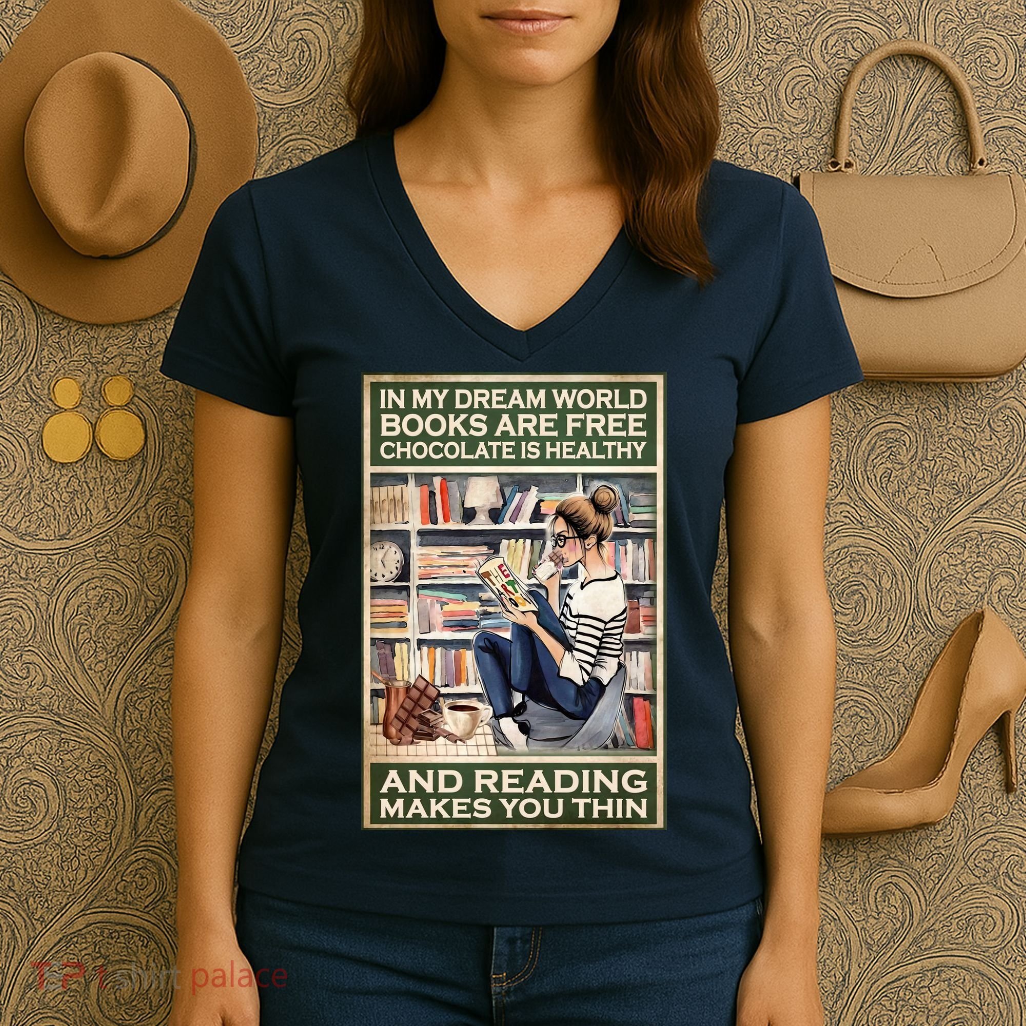 In My Dream World Books Are Free Chocolate Is Healthy And Reading Makes You Thin Women's V-Neck T-Shirt