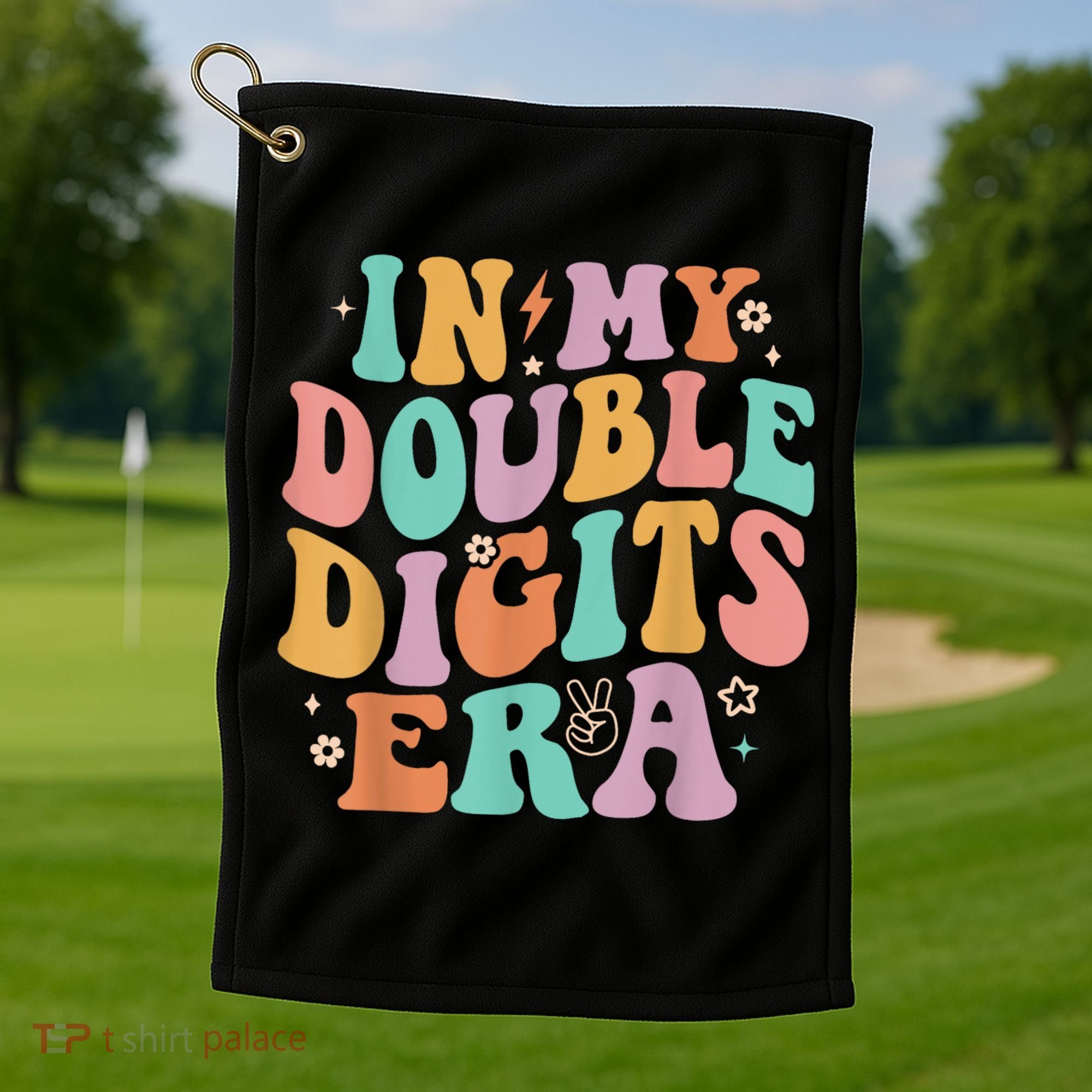 In My Double Digits Era Retro Groovy 10th Birthday Golf Towel
