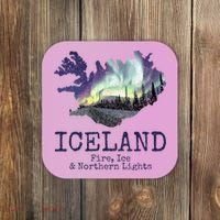 Iceland Map Fire Ice Northern Light Icelandic Souvenir Coaster thumb 0