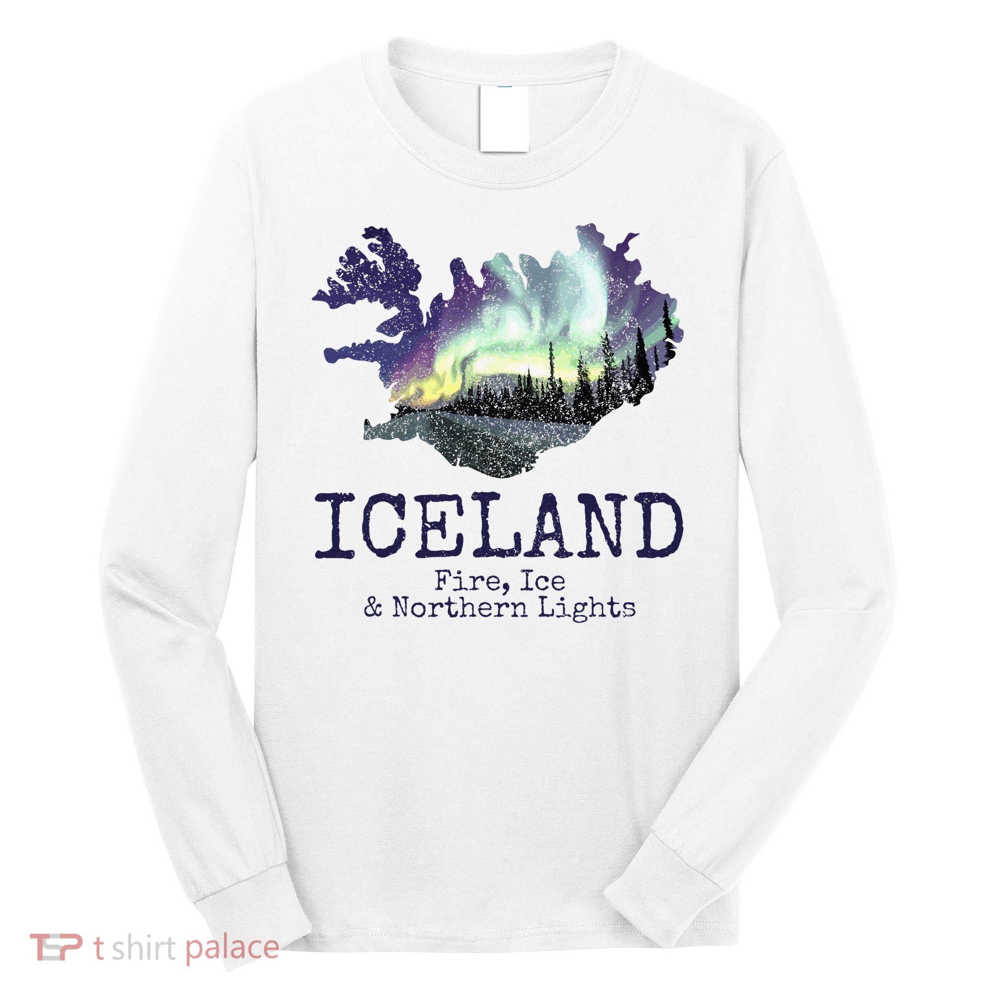 Iceland Map Fire Ice Northern Light Icelandic Souvenir Long Sleeve Shirt