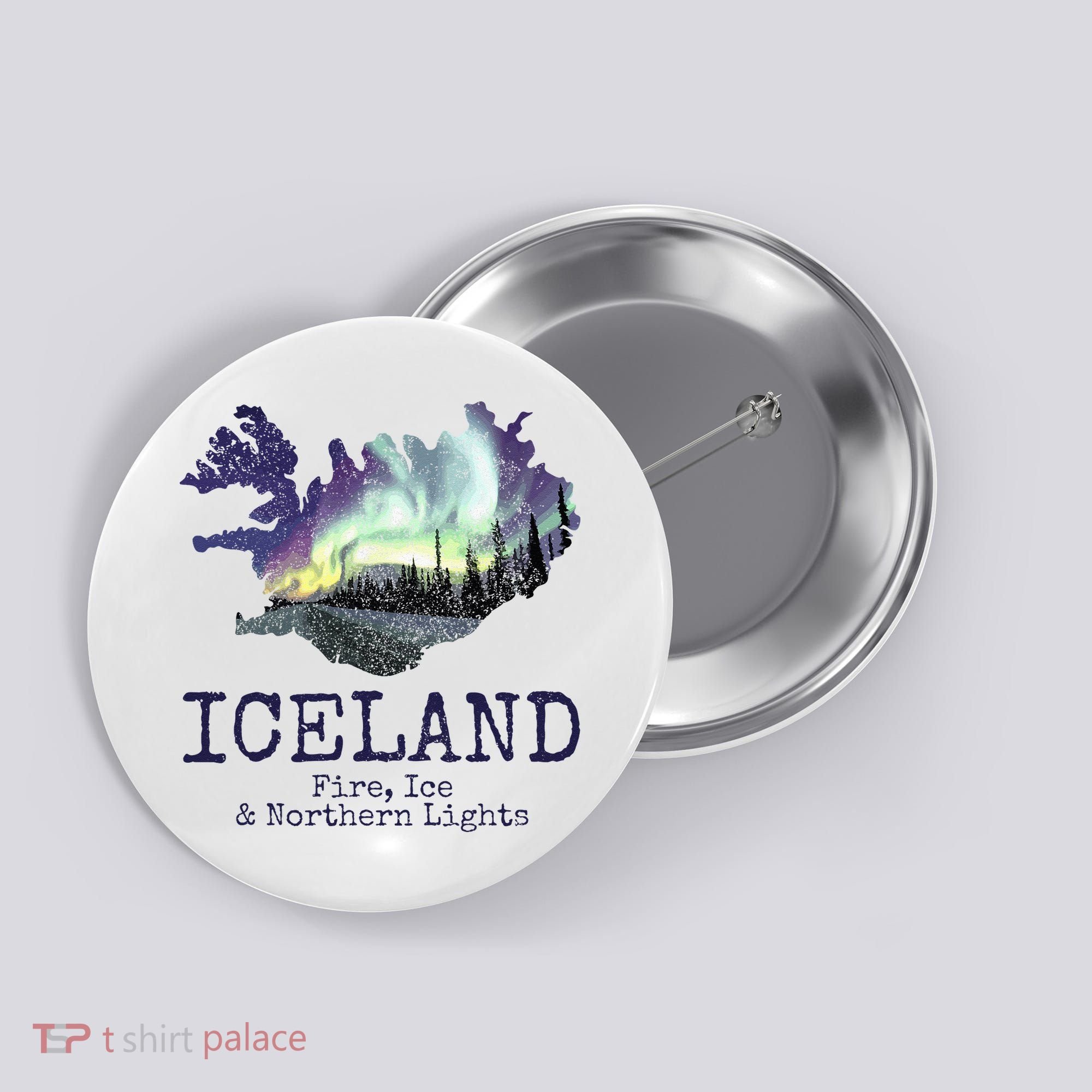Iceland Map Fire Ice Northern Light Icelandic Souvenir Button