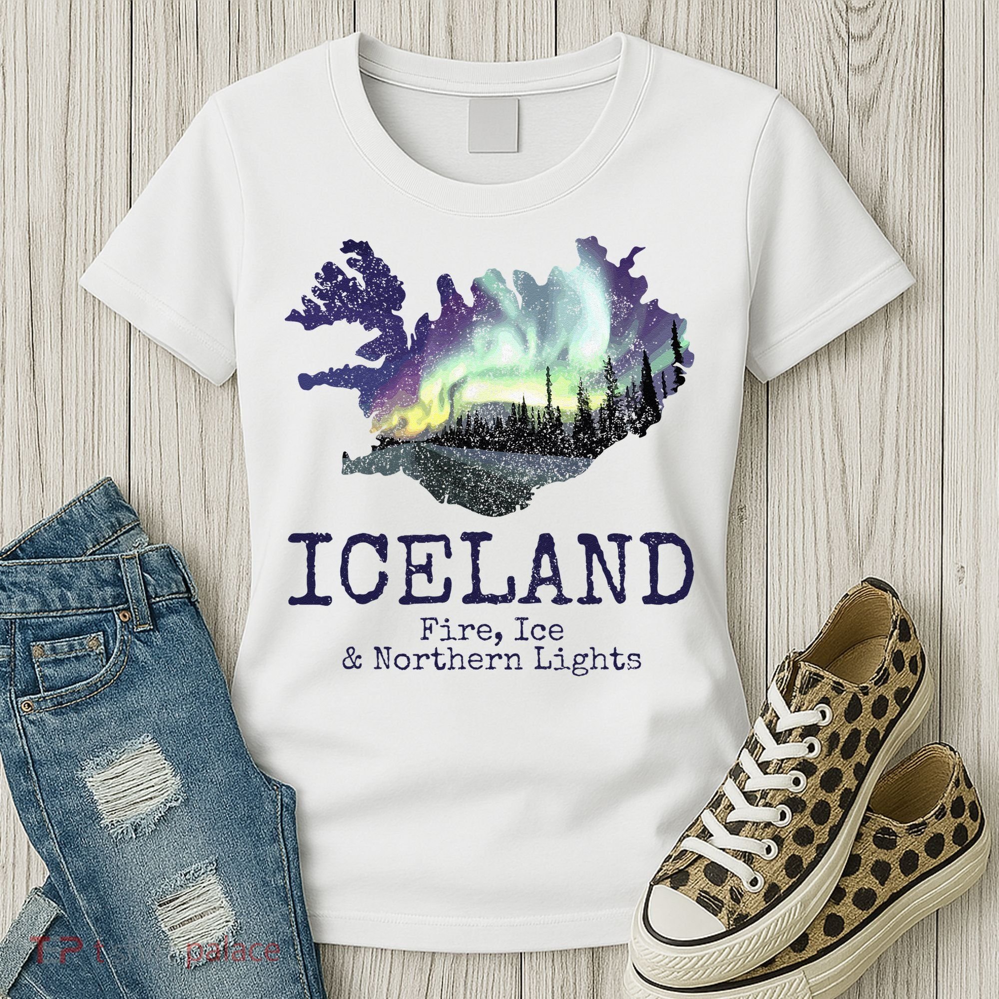 Iceland Map Fire Ice Northern Light Icelandic Souvenir Women's T-Shirt