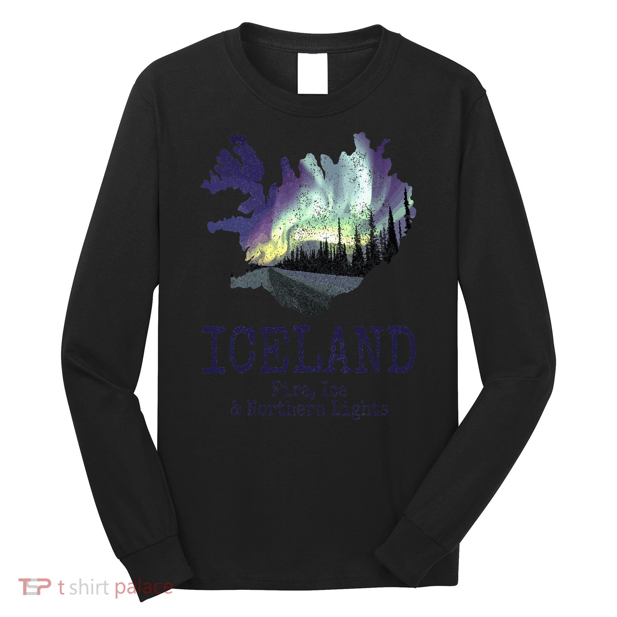 Iceland Map Fire Ice Northern Light Icelandic Souvenir Long Sleeve Shirt