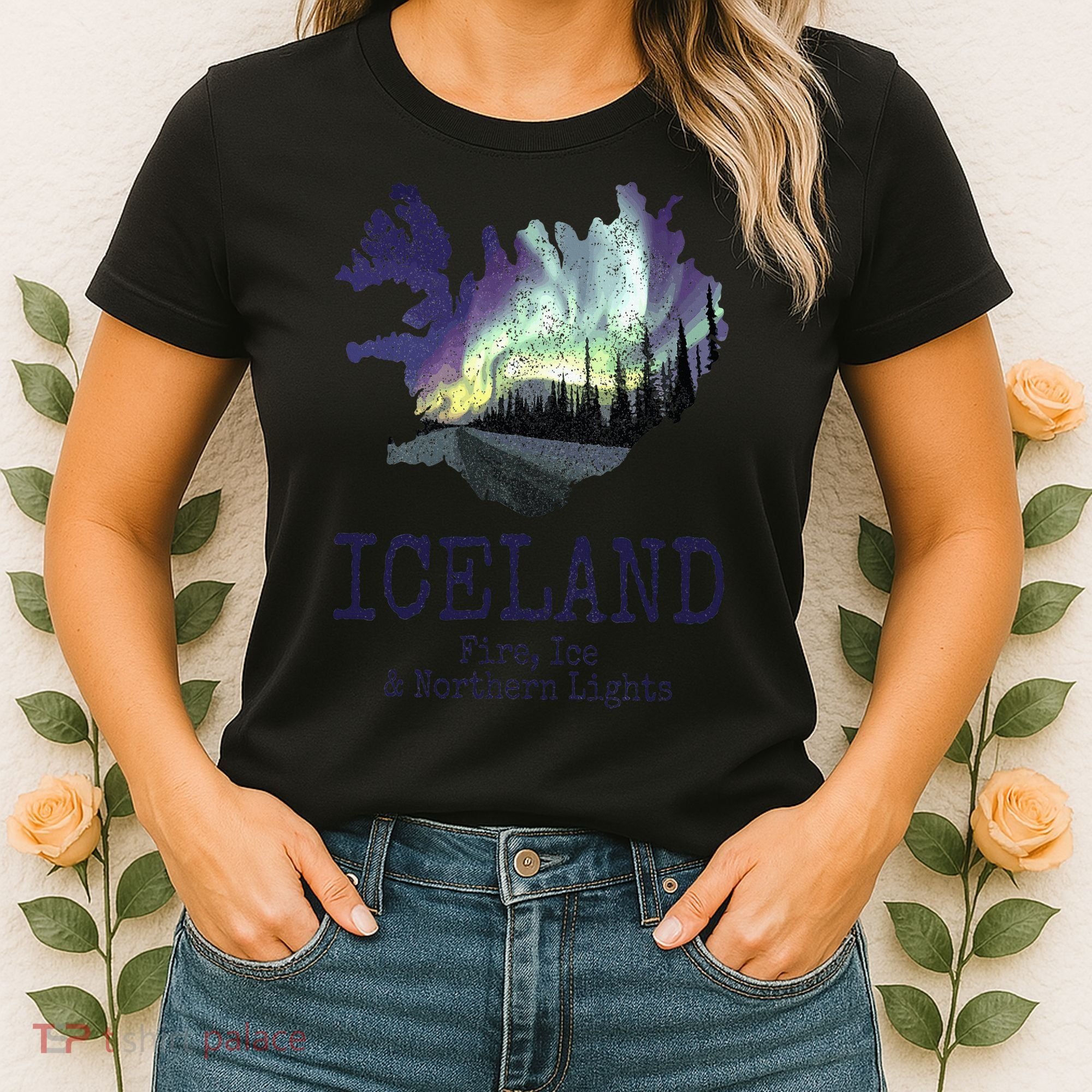 Iceland Map Fire Ice Northern Light Icelandic Souvenir Women's T-Shirt