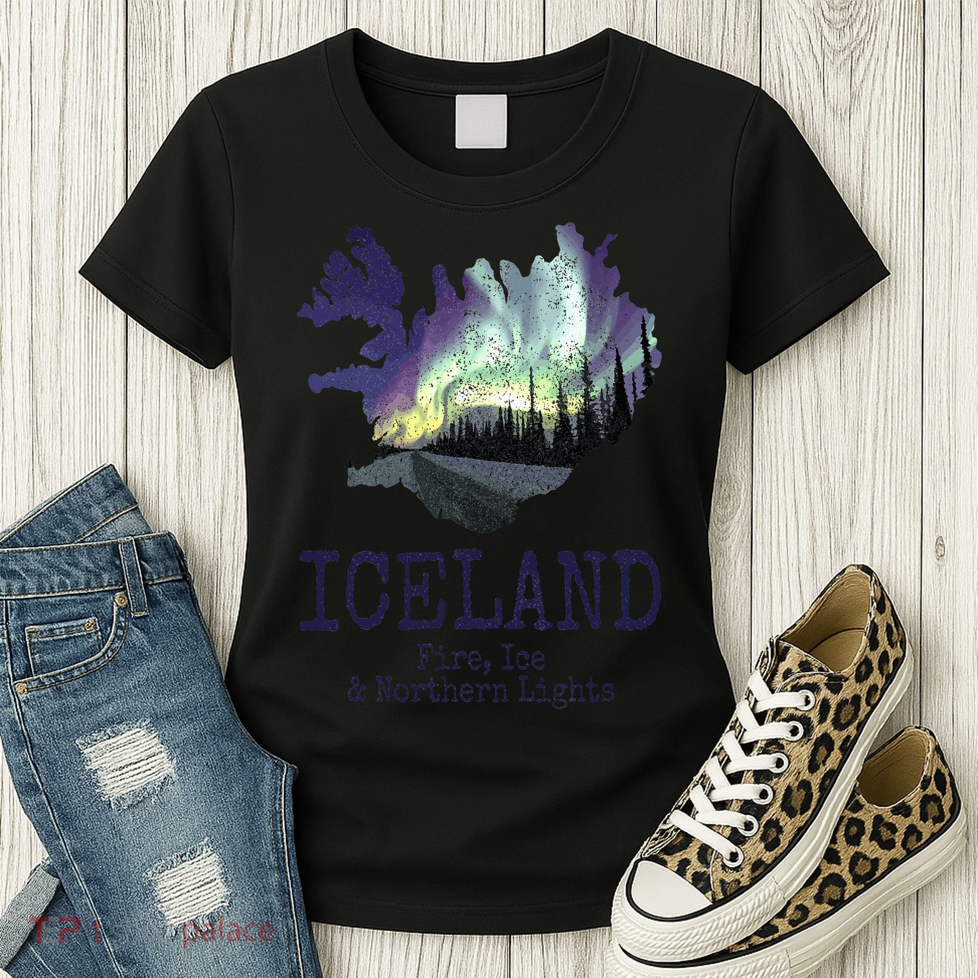Iceland Map Fire Ice Northern Light Icelandic Souvenir Women's T-Shirt