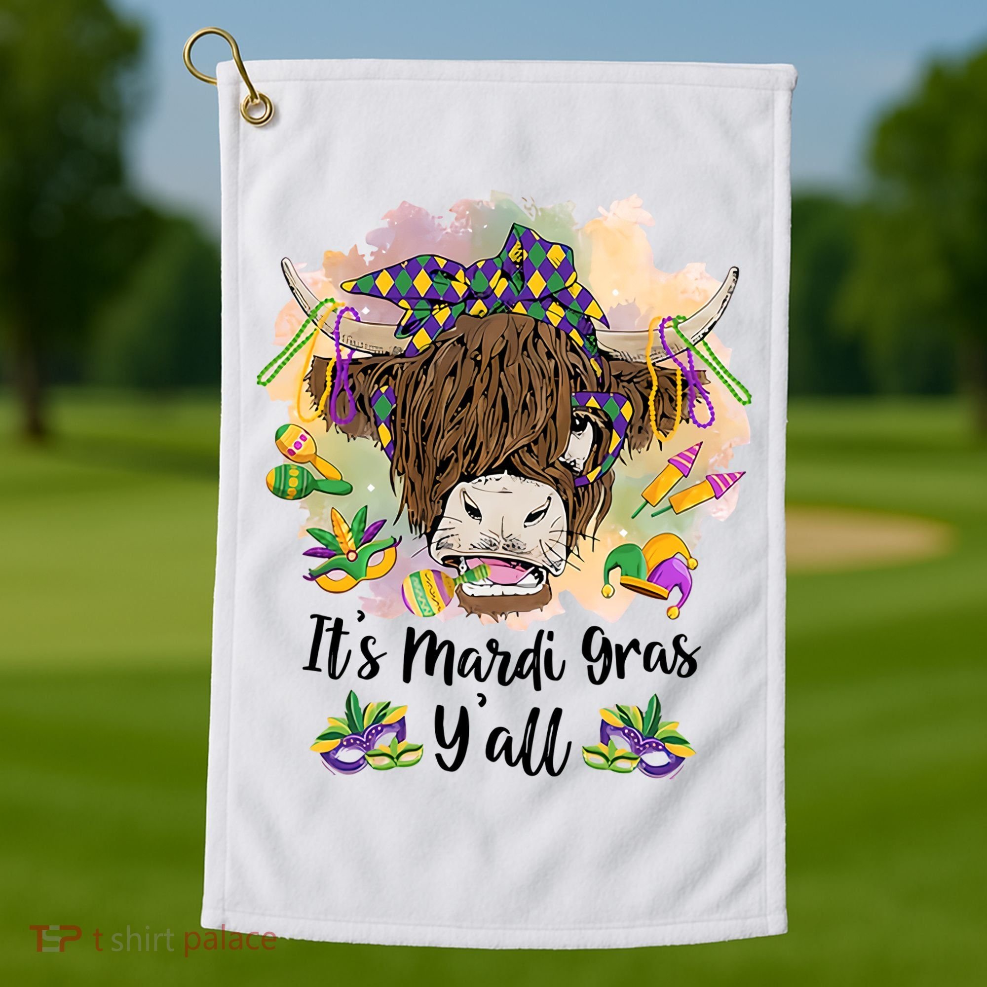 It's Mardi Gras Y'all Heifer Cow Farmer Farming Funny Golf Towel