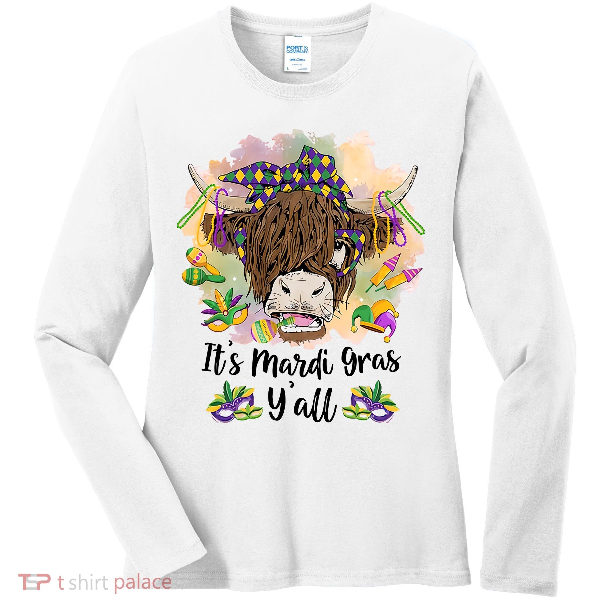 It's Mardi Gras Y'all Heifer Cow Farmer Farming Funny Women's Long Sleeve Shirt