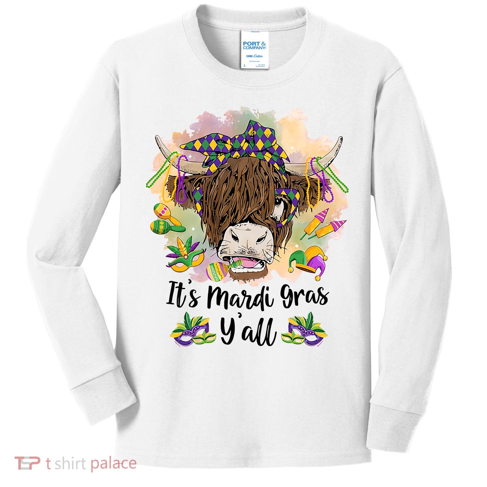It's Mardi Gras Y'all Heifer Cow Farmer Farming Funny Kids Long Sleeve Shirt