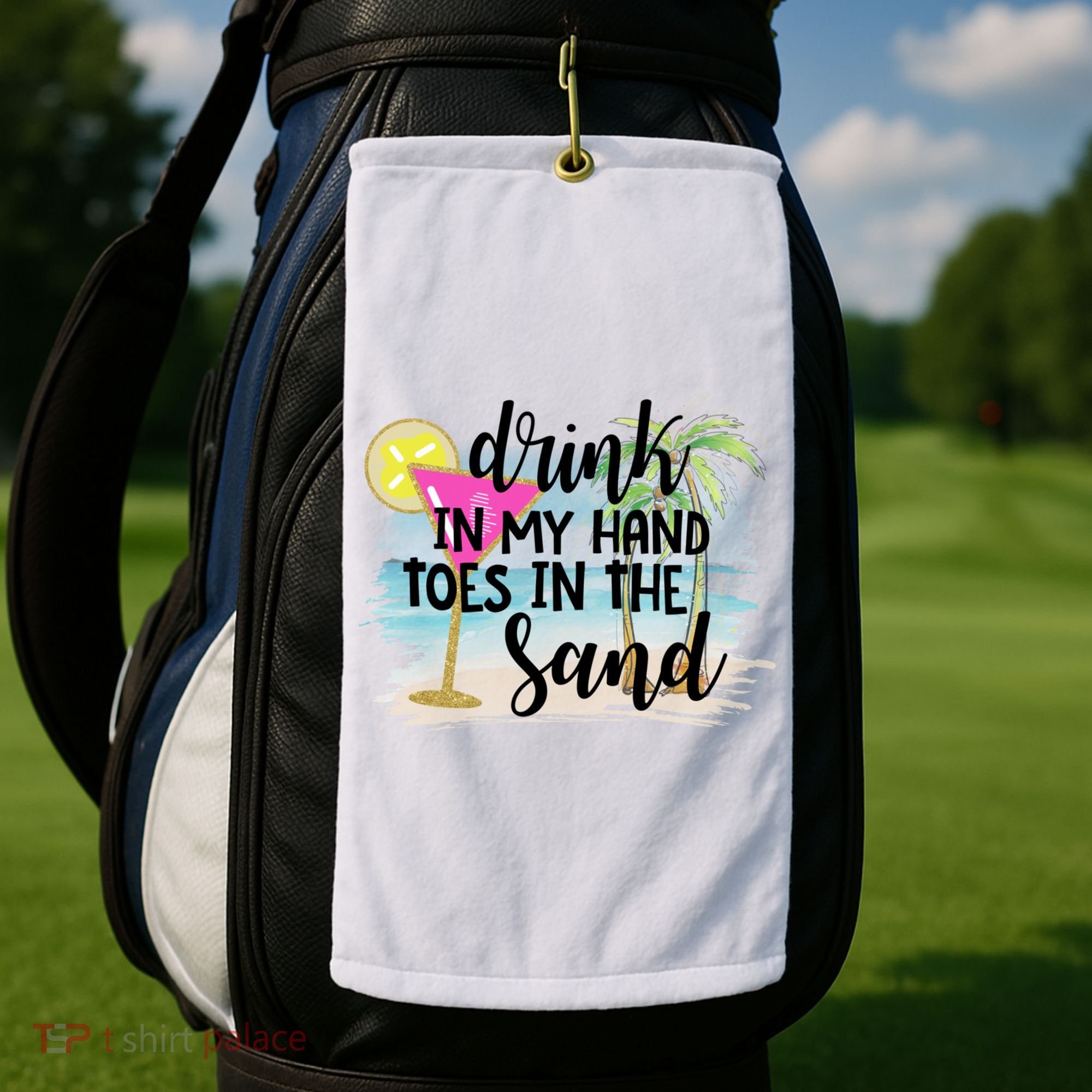 In My Hand Toes In The Sand Summer Vibes Beach Vacay Cool Gift Golf Towel