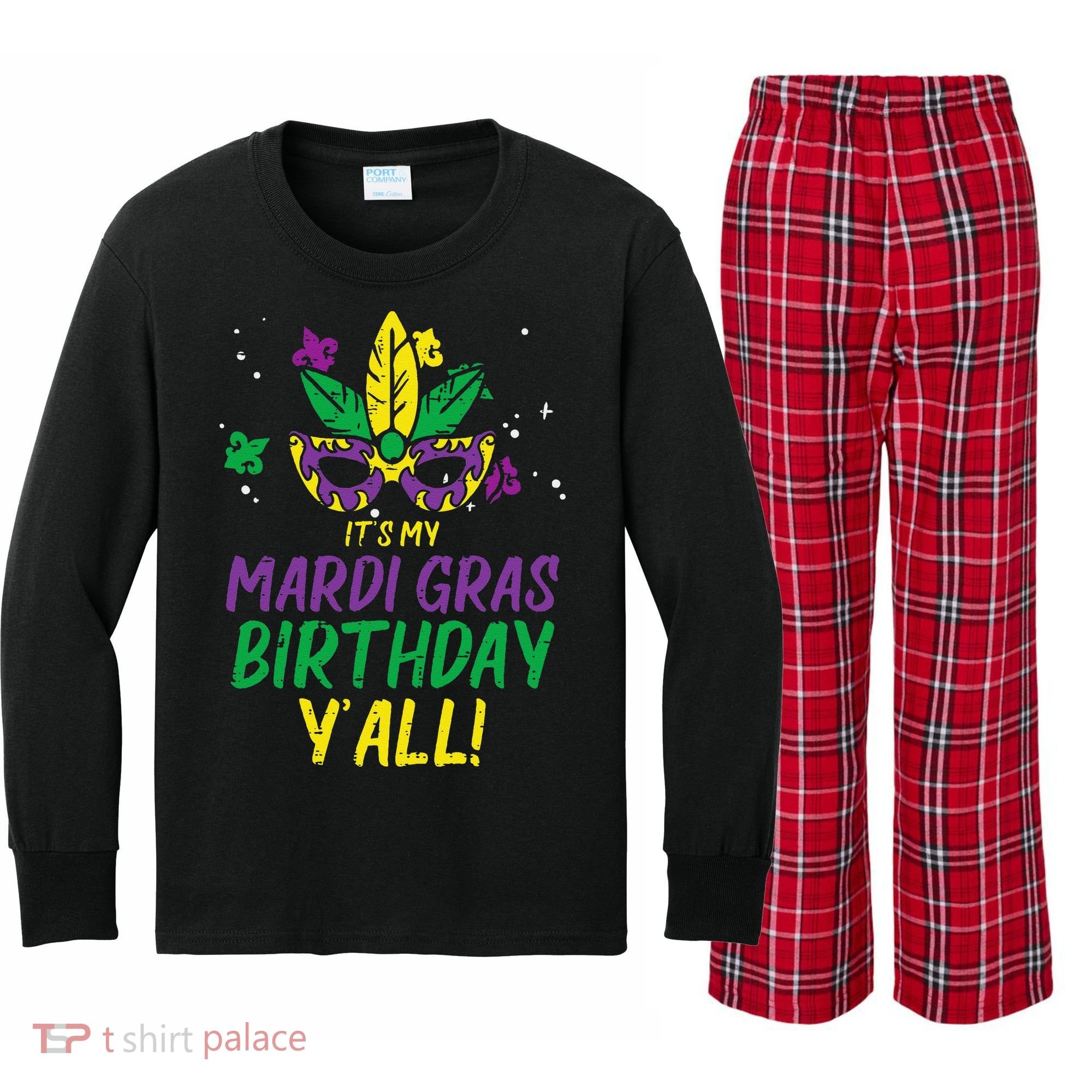 Its My Mardi Gras Birthday Yall Mardi Gras Kids Long Sleeve Plaid Pajama Set