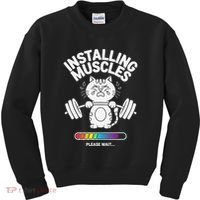 Installing Muscles Please Wait Cat Workout Gym Fitness Kids Sweatshirt thumb 0
