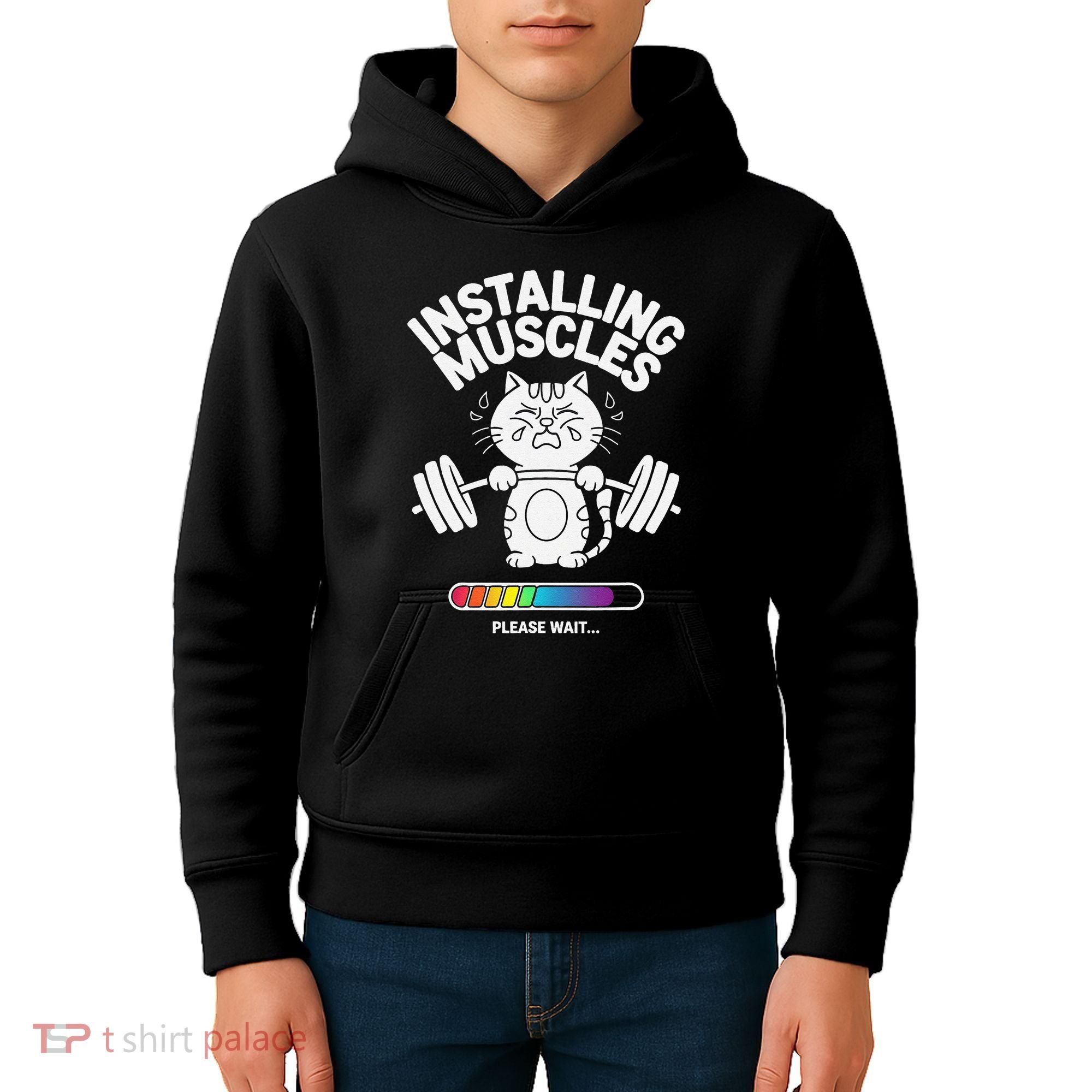 Installing Muscles Please Wait Cat Workout Gym Fitness Kids Hoodie