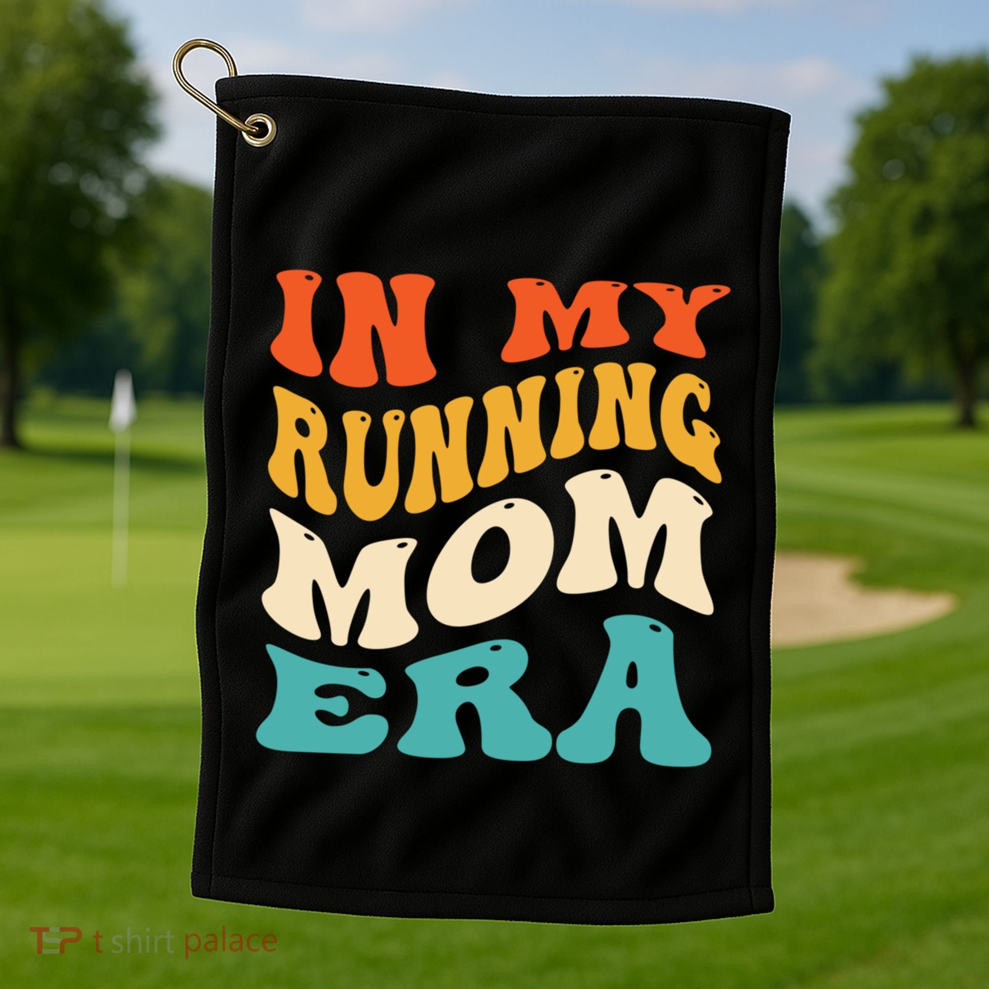 In My Running Mom Era Funny Runner Mom Retro Groovy Cute Gift Golf Towel