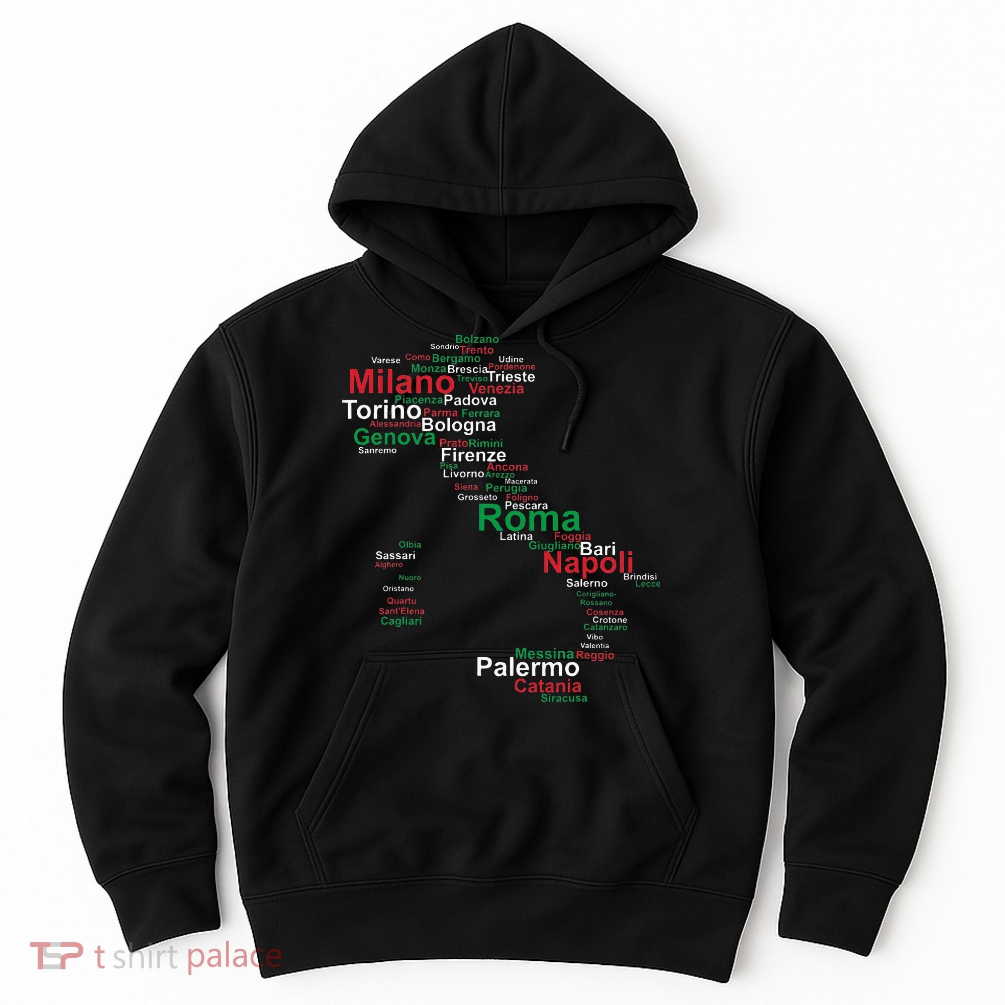 Italy Map Silhouette Flag Towns Cities Rome Travel Europe Hoodie