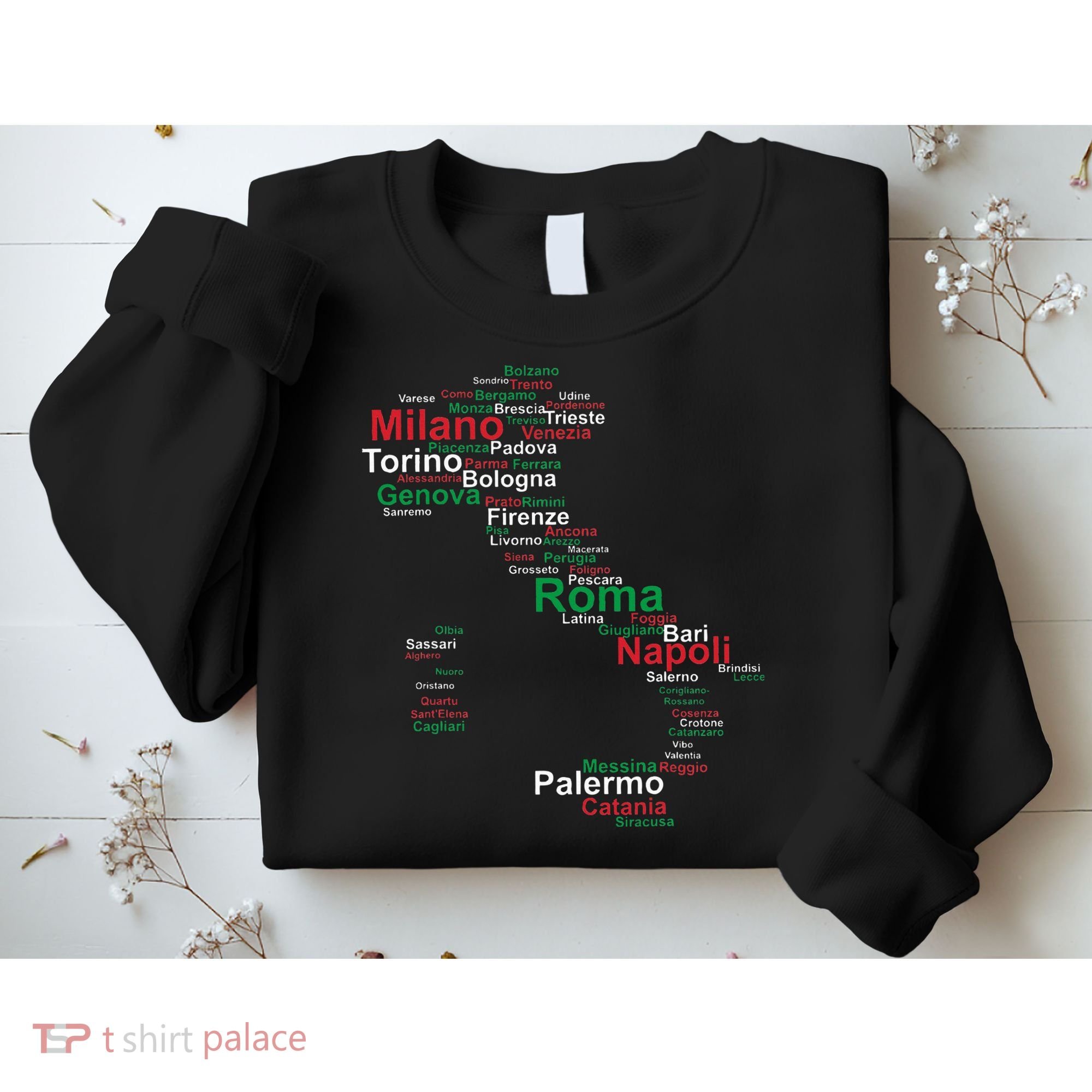 Italy Map Silhouette Flag Towns Cities Rome Travel Europe Sweatshirt