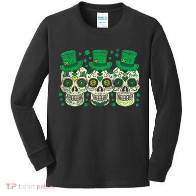 Irish Mexican Sugar Skull Leprechauns Cool St Patricks Day Kids Long Sleeve Shirt