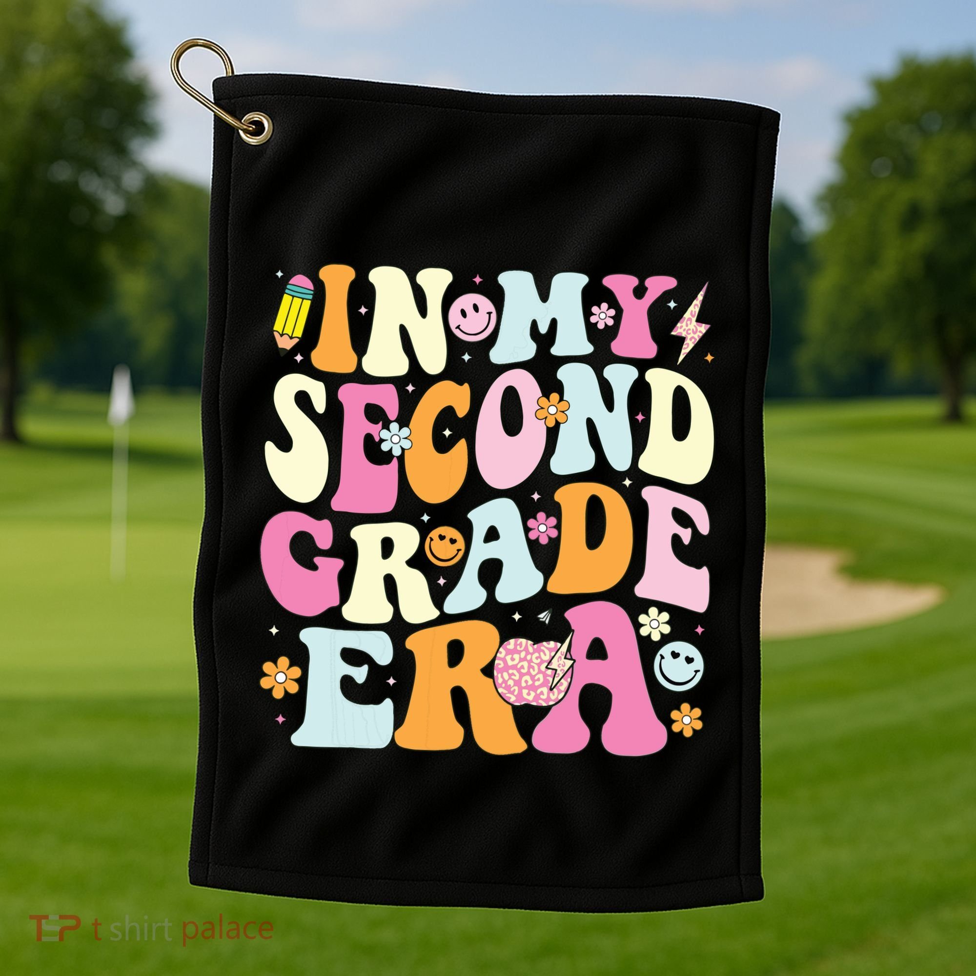 In My Second Grade Era 2nd Grade Teacher Groovy Retro Golf Towel
