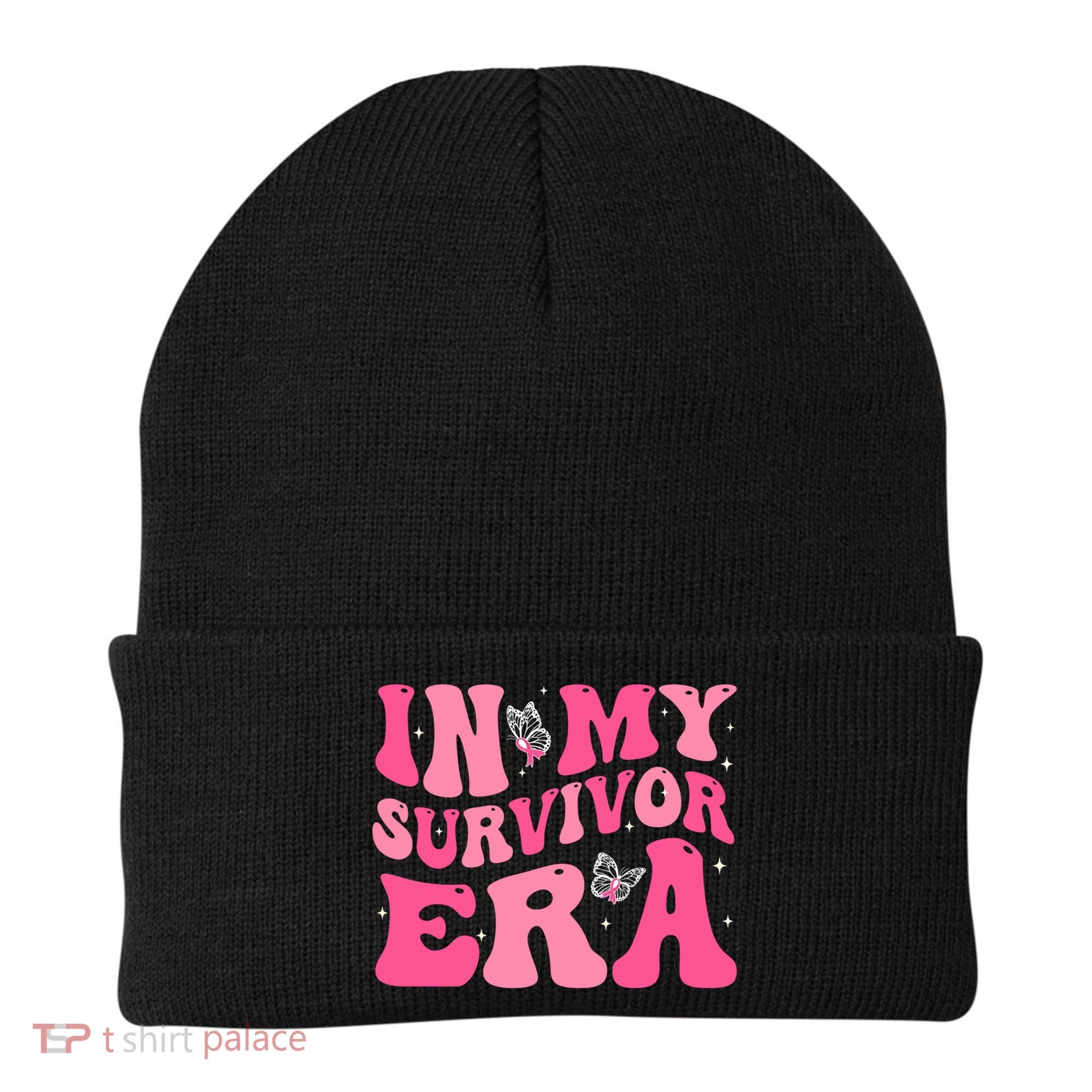 In My Survivor Era Groovy Retro Pink Breast Cancer Awareness Meaningful Gift Beanie