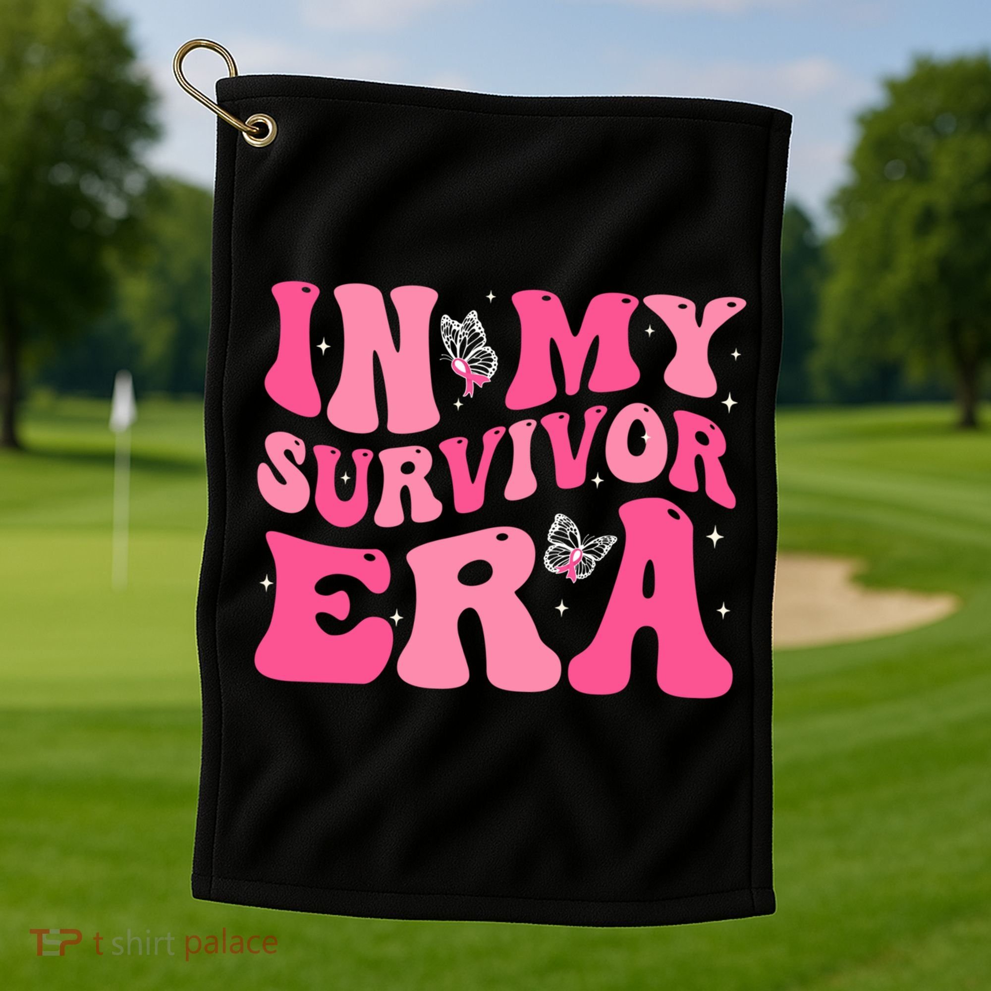 In My Survivor Era Groovy Retro Pink Breast Cancer Awareness Meaningful Gift Golf Towel