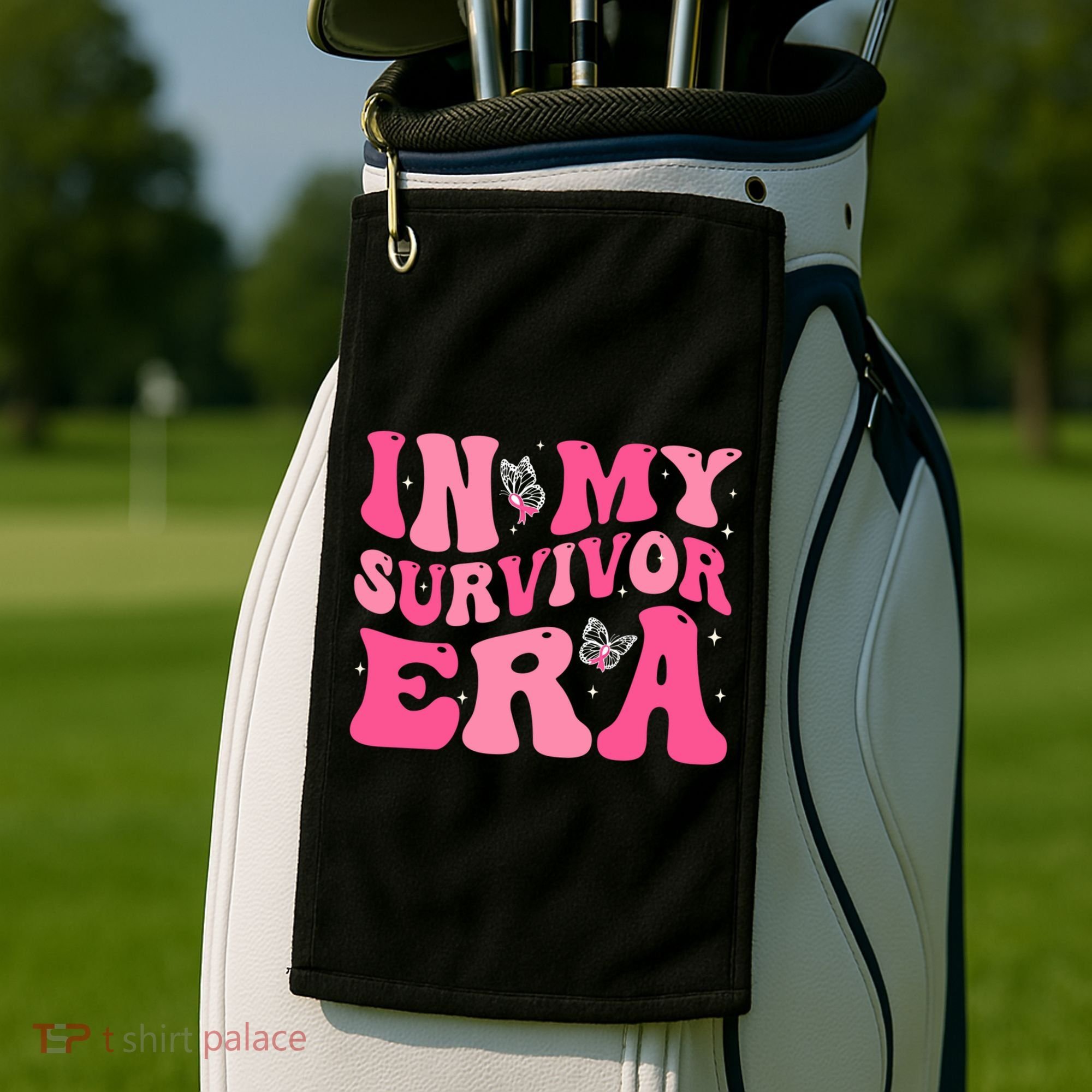 In My Survivor Era Groovy Retro Pink Breast Cancer Awareness Meaningful Gift Golf Towel